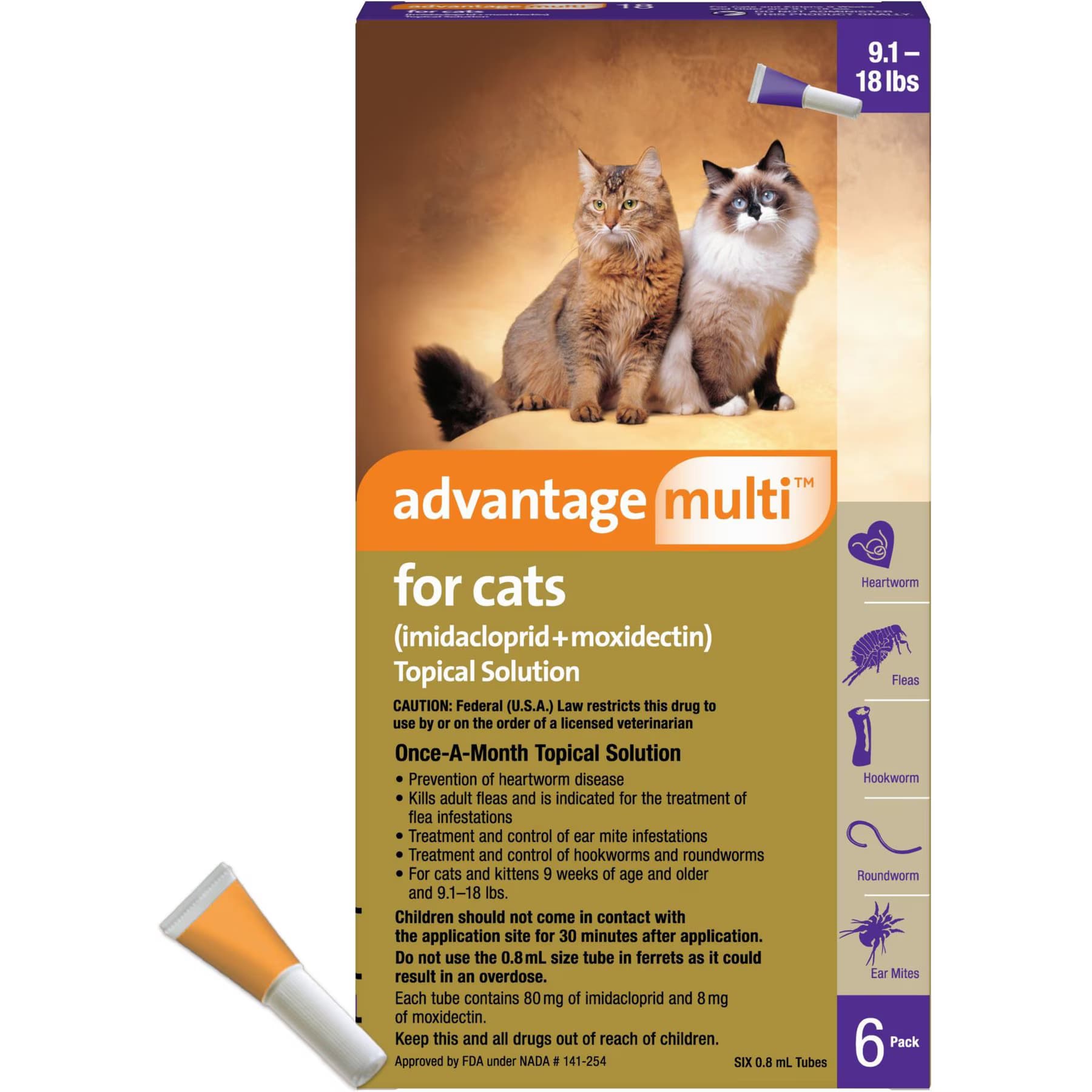 Advantage Multi Advantage Multi Topical Solution for Cats, 9.1-18 lbs, (Purple Box), 12 Doses (12-mos. supply)