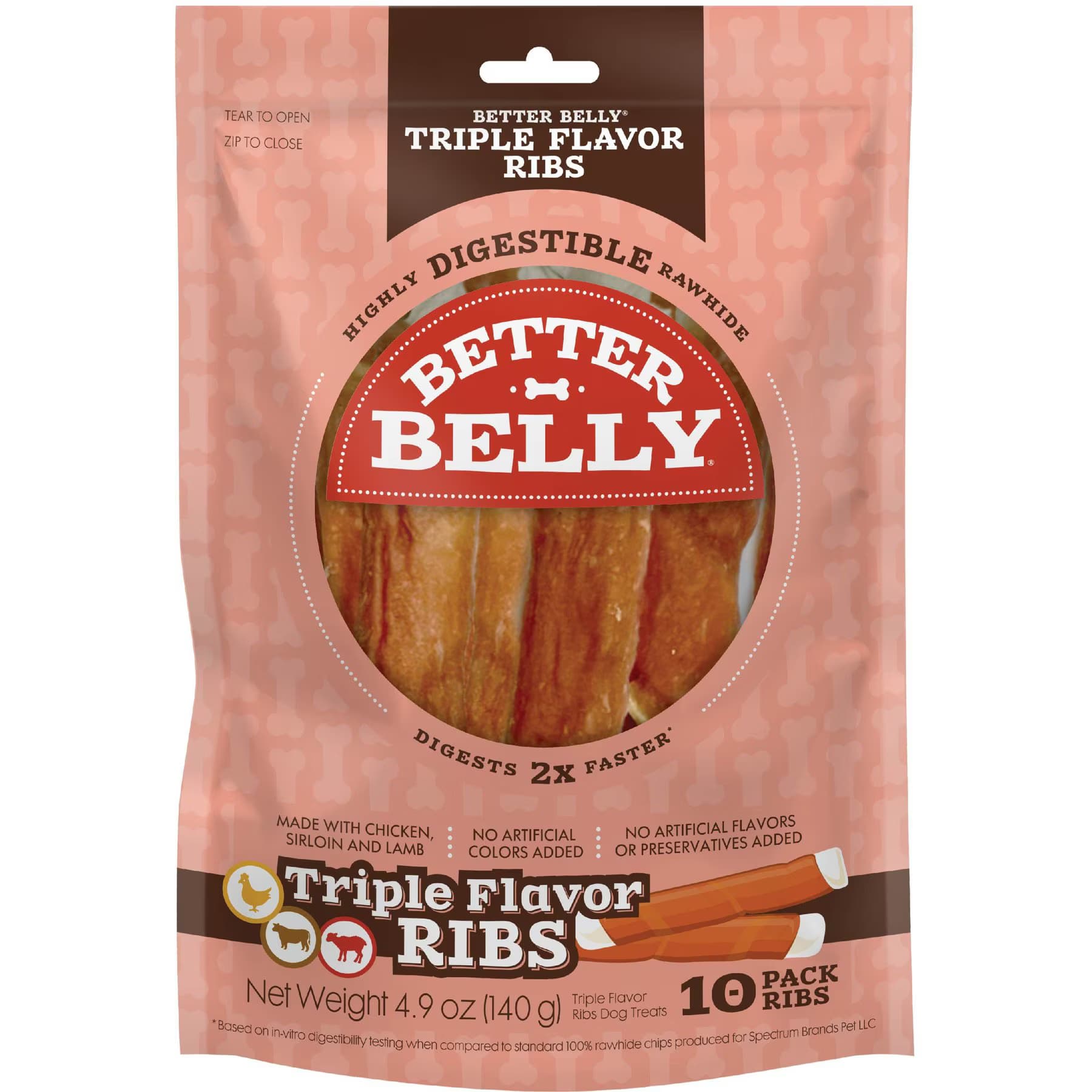 Better Belly Better Belly Triple Flavor Ribs Sirloin, Lamb, & Chicken Highly Digestible Rawhide Dog Treat Chews