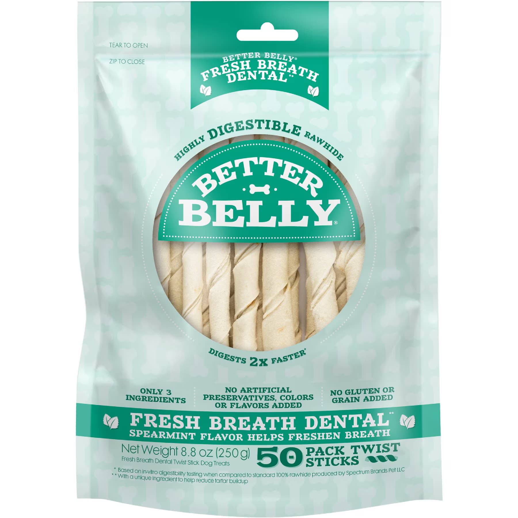 Better Belly Twist Sticks Fresh Breath Spearmint Flavor Highly Digestible Rawhide Dental Dog Treat Chew — view 2