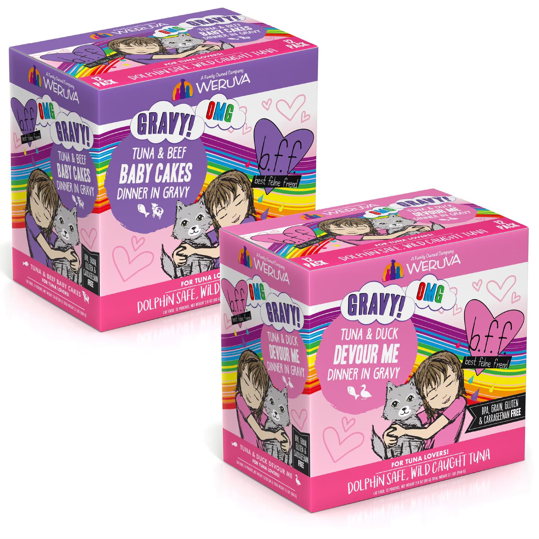 BFF BFF Tuna & Duck Devour Me Dinner in Gravy + Tuna & Beef Baby Cakes Dinner in Gravy Wet Cat Food Pouches
