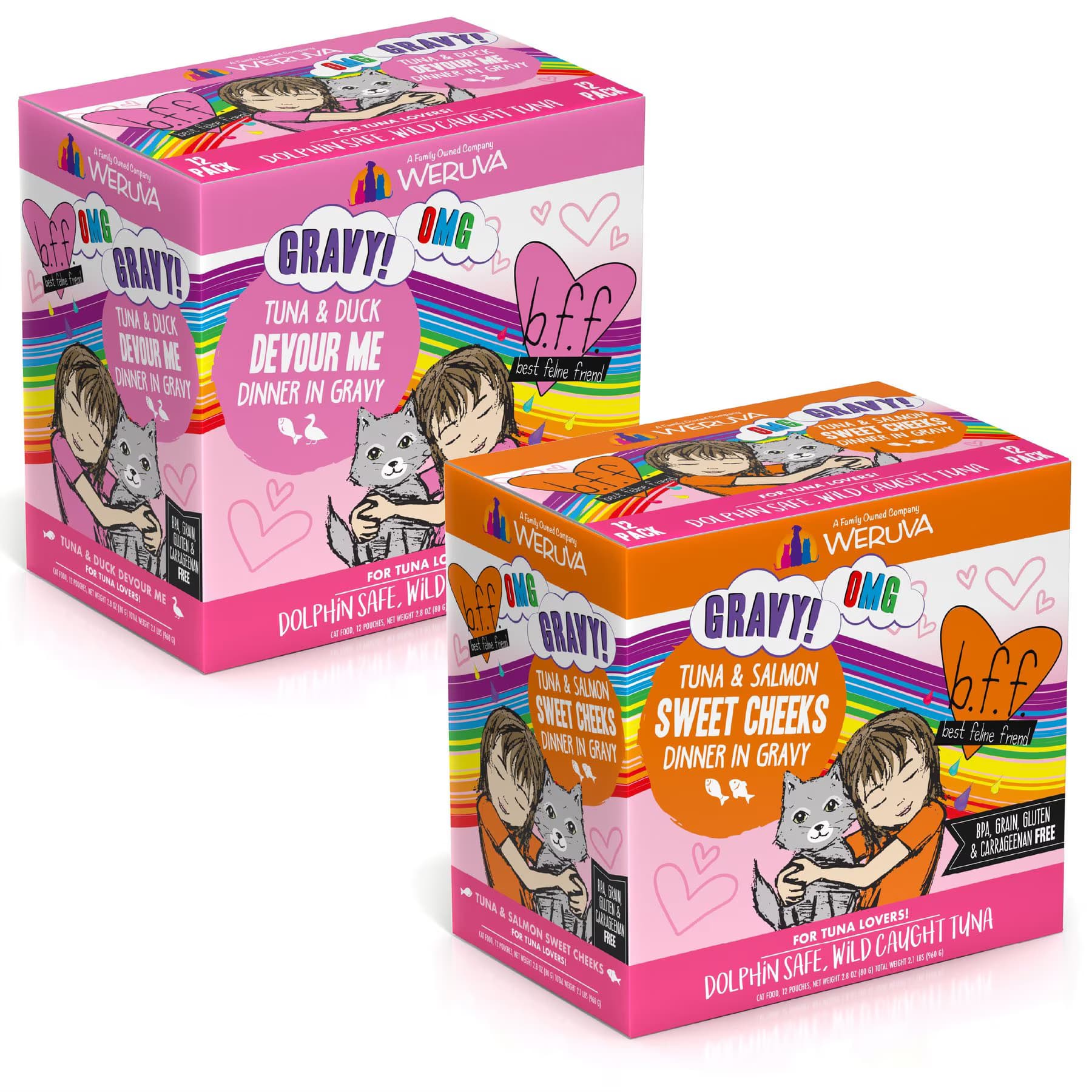 BFF BFF Tuna & Salmon Sweet Cheeks Dinner in Gravy + Tuna & Duck Devour Me Dinner in Gravy Wet Cat Food Pouches
