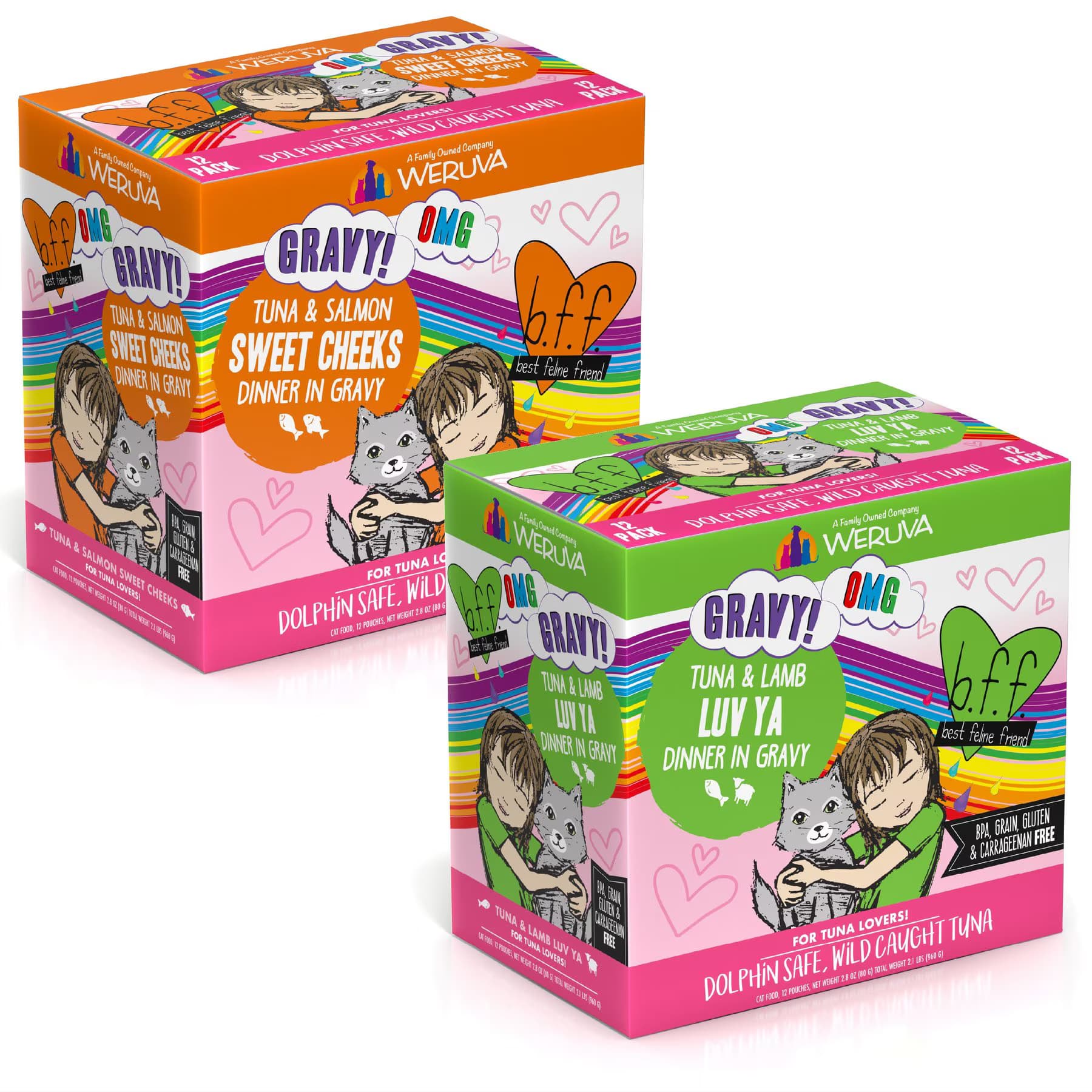 BFF BFF Tuna & Salmon Sweet Cheeks Dinner in Gravy + Tuna & Lamb Luv Ya Dinner in Gravy Wet Cat Food Pouches