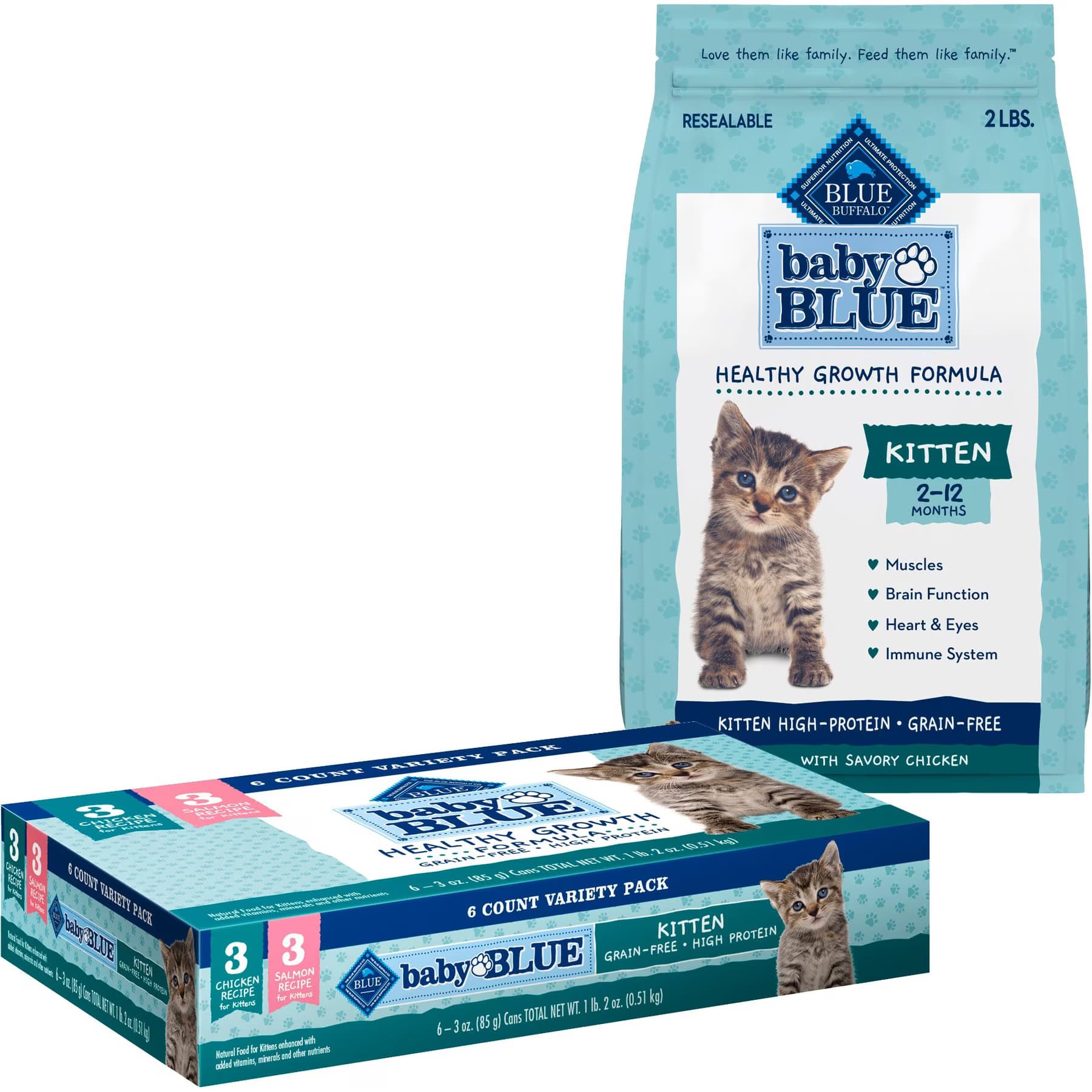 Blue Buffalo Blue Buffalo Baby BLUE Healthy Growth Formula Grain-Free High Protein, Natural Kitten Dry Cat Food, Chicken & Pea Recipe 2-lb + Pate Wet Food Variety Pack, Chicken, Salmon