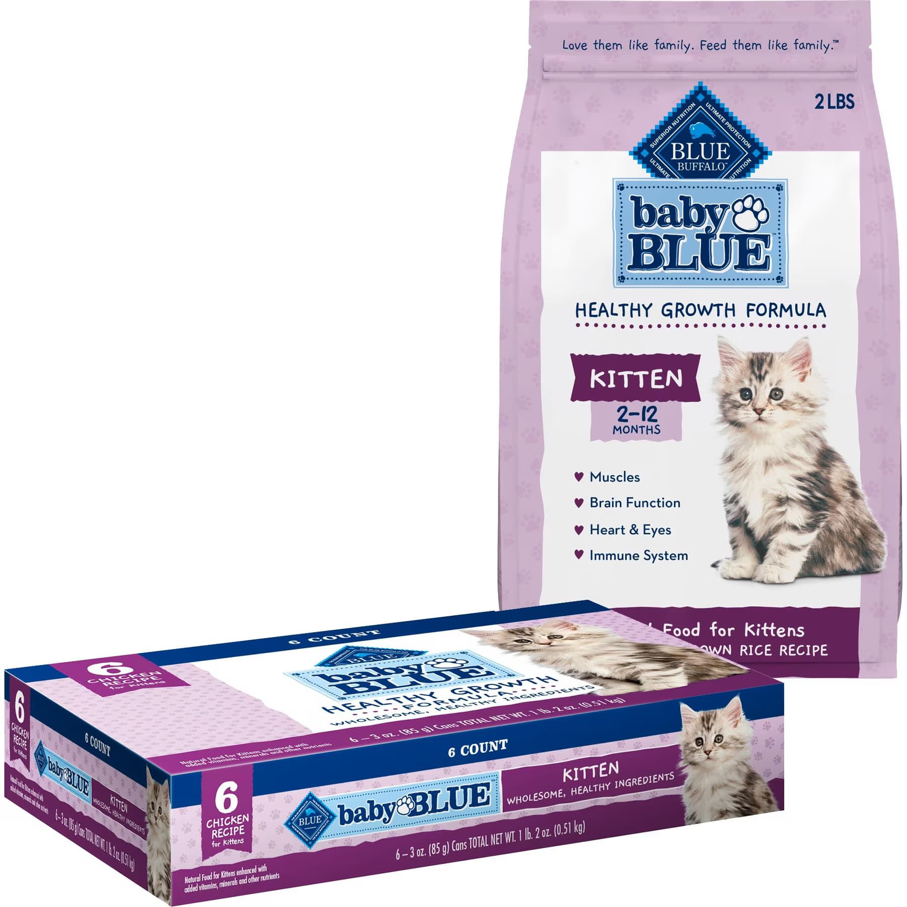 Blue Buffalo Blue Buffalo Baby BLUE Healthy Growth Formula Natural Kitten Dry Cat Food, Chicken & Brown Rice Recipe 2-lb + Pate Wet Food Multi-Pack, Chicken Recipe