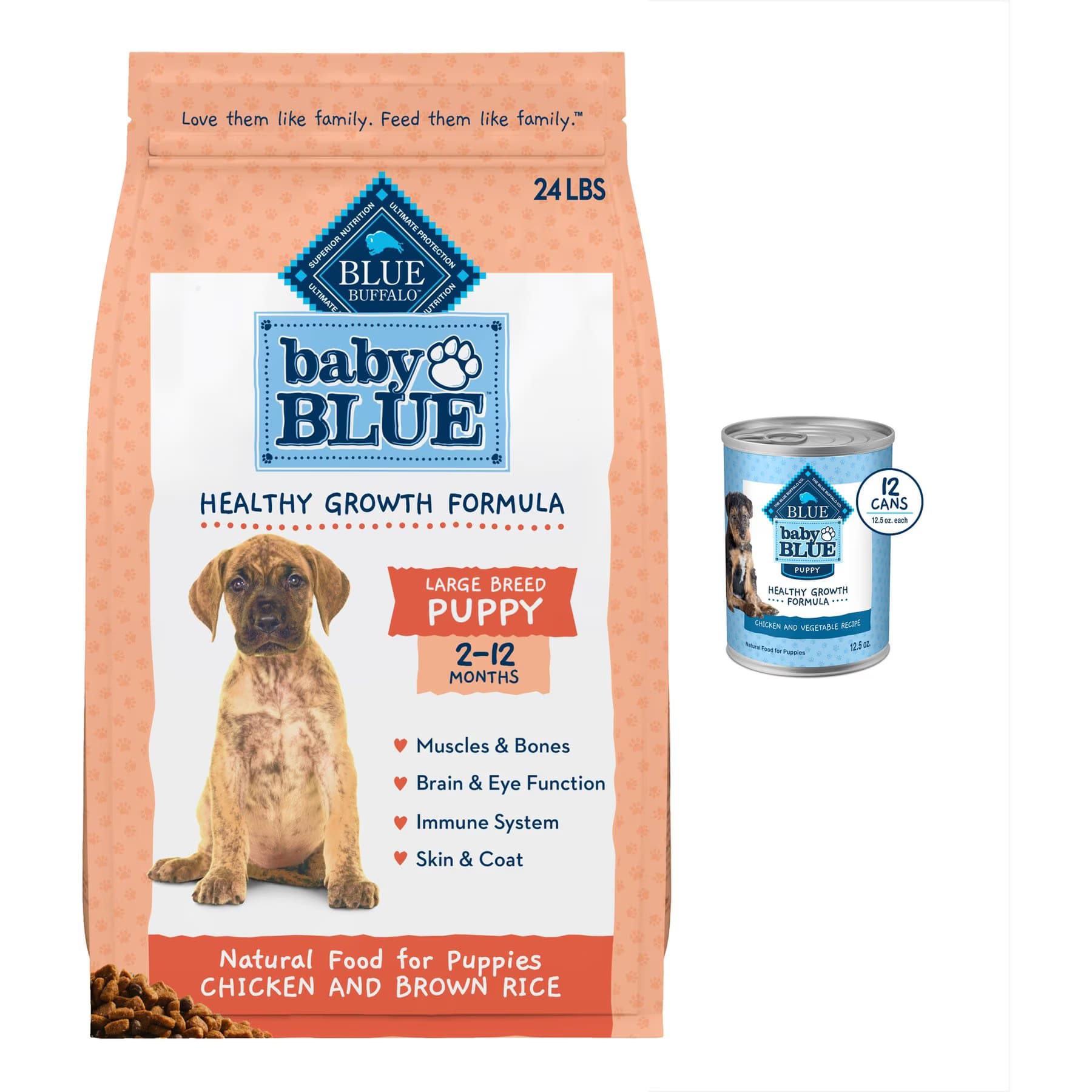Blue Buffalo Blue Buffalo Baby BLUE Healthy Growth Formula Natural Large Breed Puppy Dry Dog Food, Chicken & Brown Rice Recipe 24-lb + Wet Food, Chicken & Vegetable Recipe