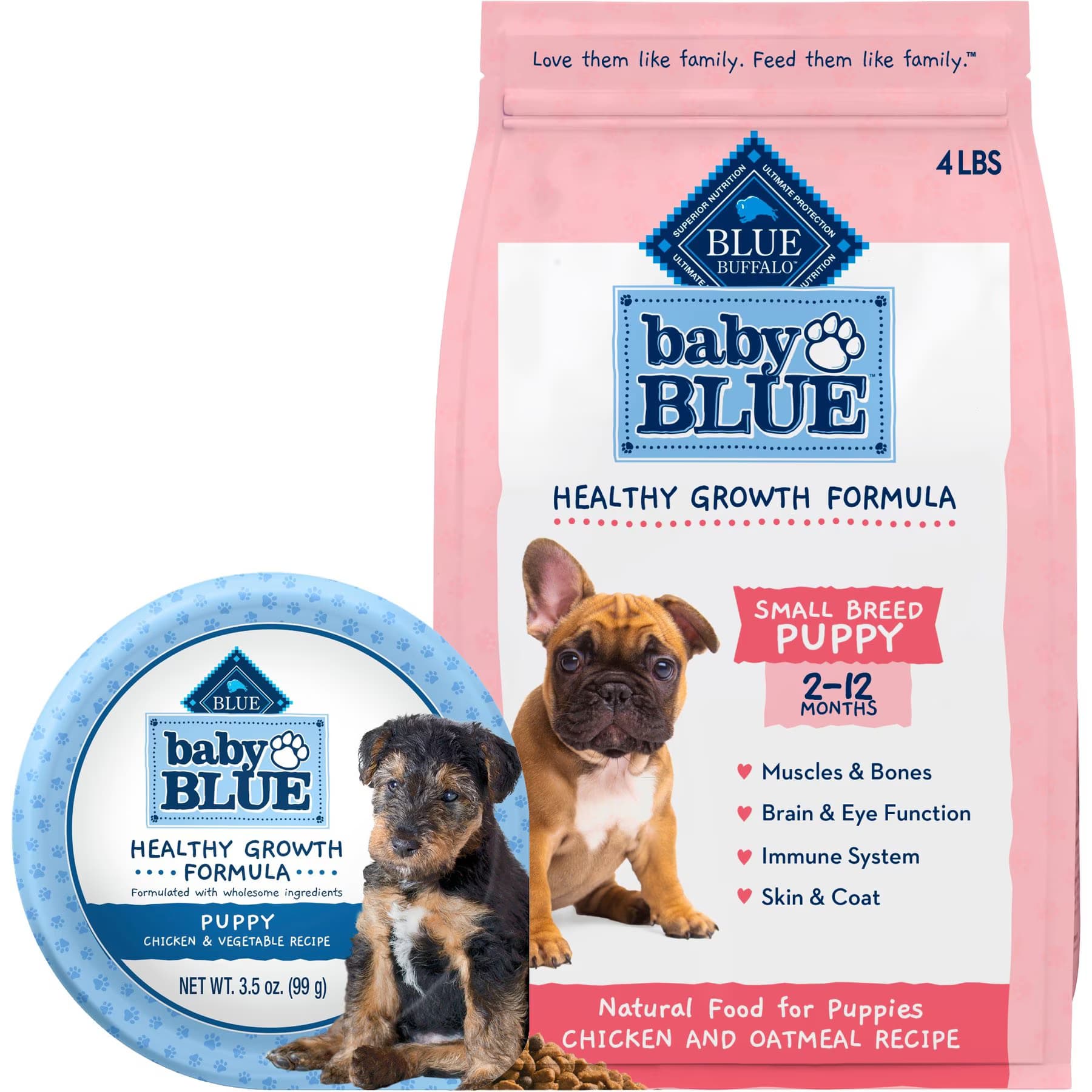 Blue Buffalo Blue Buffalo Baby BLUE Healthy Growth Formula Natural Small Breed Puppy Dry Dog Food, Chicken & Oatmeal Rice Recipe 4-lb + Wet Food Cup, Chicken & Vegetable Recipe