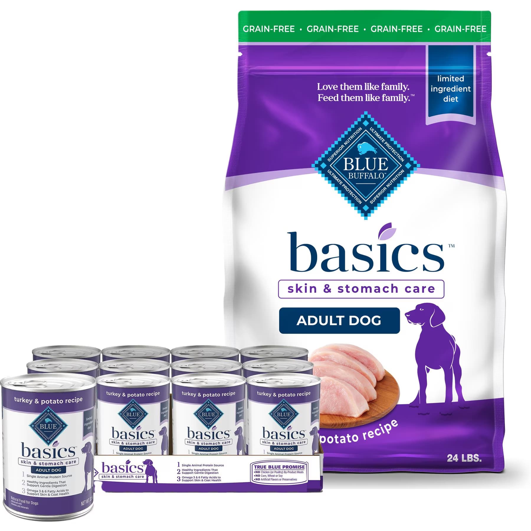 Blue Buffalo Blue Buffalo Basics Skin & Stomach Care Grain-Free Formula Turkey & Potato Recipe Adult Dry Dog Food + Canned Food