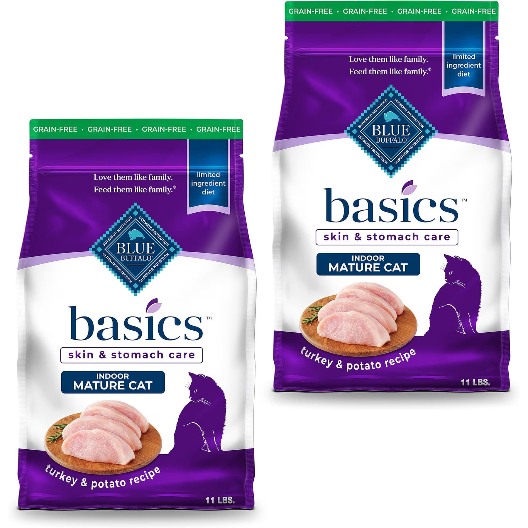 Blue Buffalo Blue Buffalo Basics Skin & Stomach Care Mature Grain-Free Turkey & Potato Recipe Dry Cat Food, 22-lb bundle