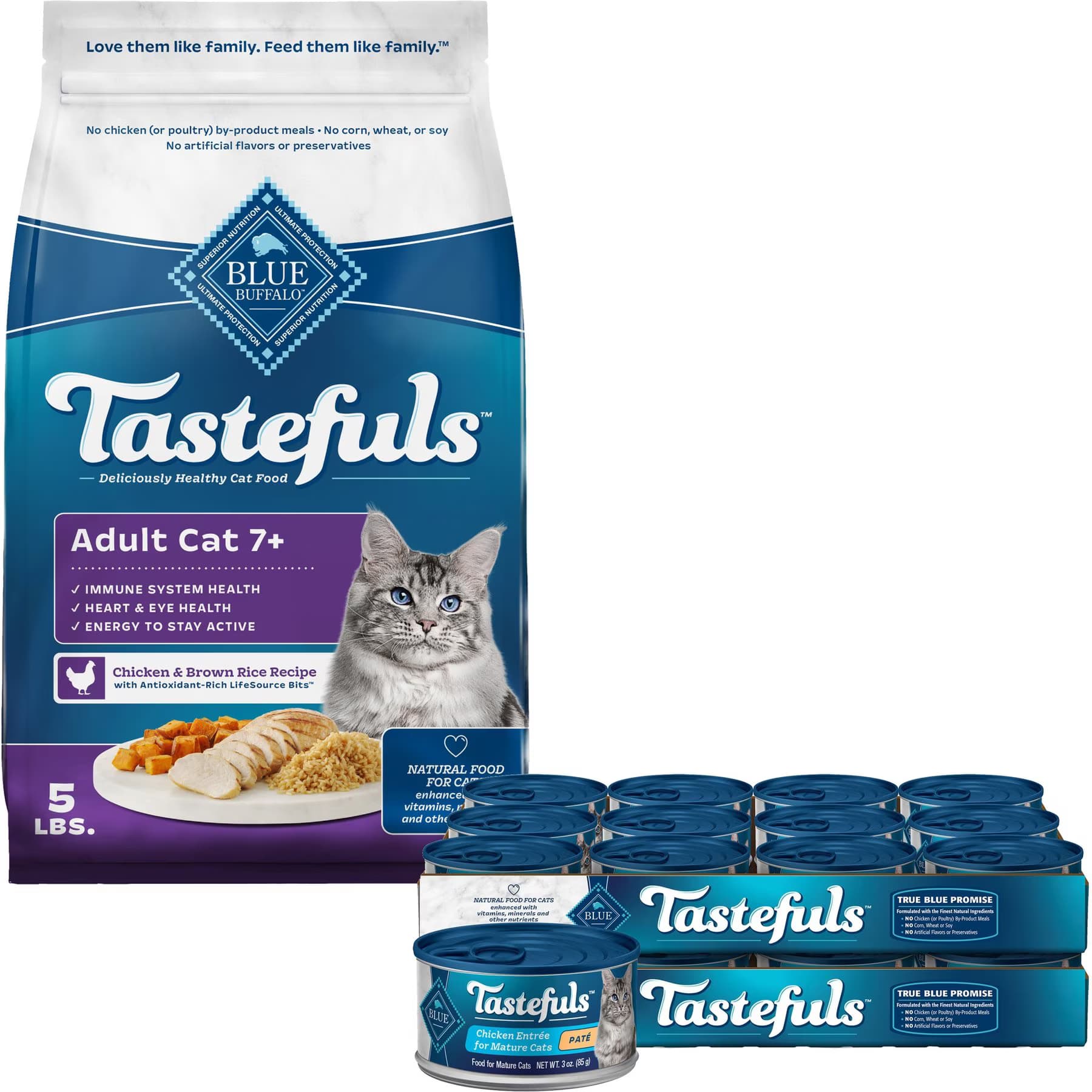 Blue Buffalo Blue Buffalo Healthy Aging Chicken & Brown Rice Recipe Mature Dry Food + Tastefuls Chicken Entrée Mature Cats Pate Wet Cat Food