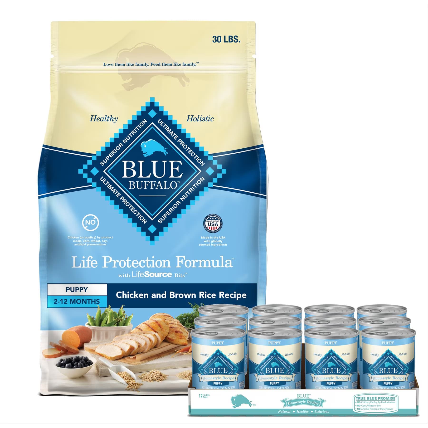 Blue Buffalo Blue Buffalo Homestyle Recipe Puppy Chicken Dinner with Garden Vegetables Canned Food + Life Protection Formula Puppy Chicken & Brown Rice Recipe Dry Dog Food