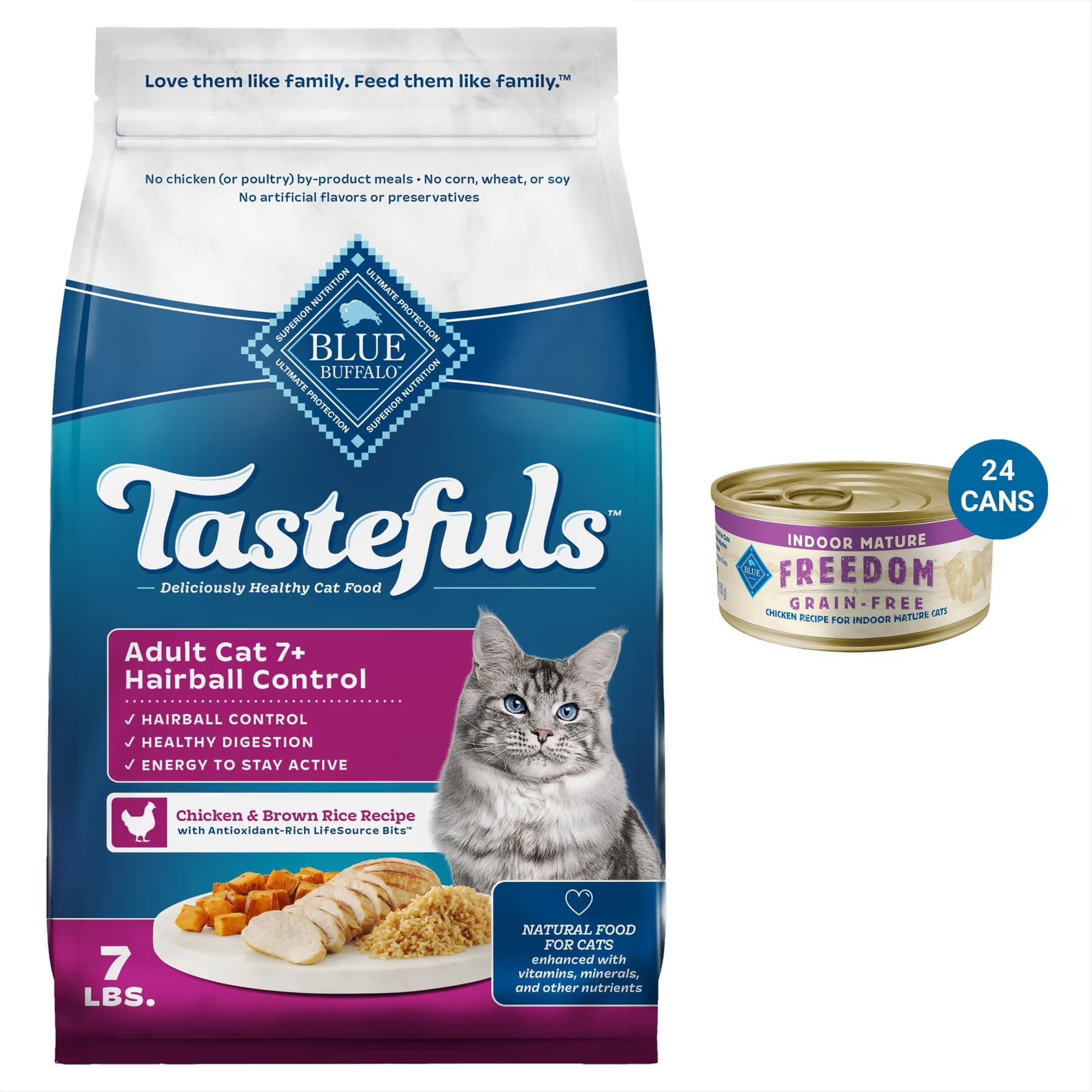 Blue Buffalo Blue Buffalo Indoor Hairball Control Chicken & Brown Rice Recipe Dry Food + Freedom Indoor Mature Chicken Recipe Canned Cat Food