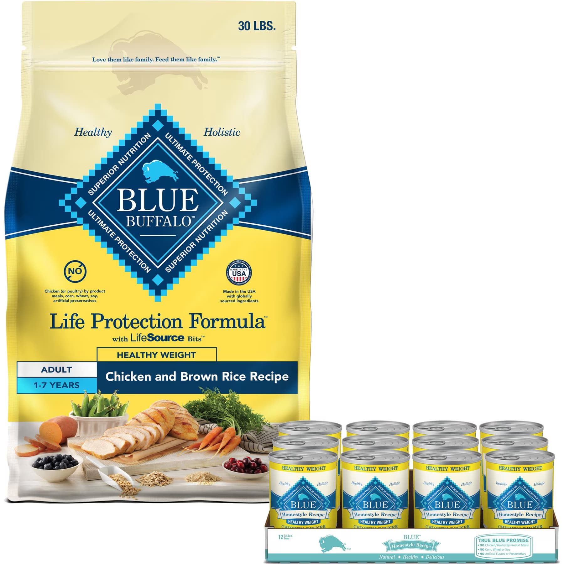 Blue Buffalo Blue Buffalo Life Protection Formula Healthy Weight Chicken & Brown Rice Dry Food + Homestyle Recipe Healthy Weight Chicken Dinner Garden Vegetables & Brown Rice Canned Dog Food