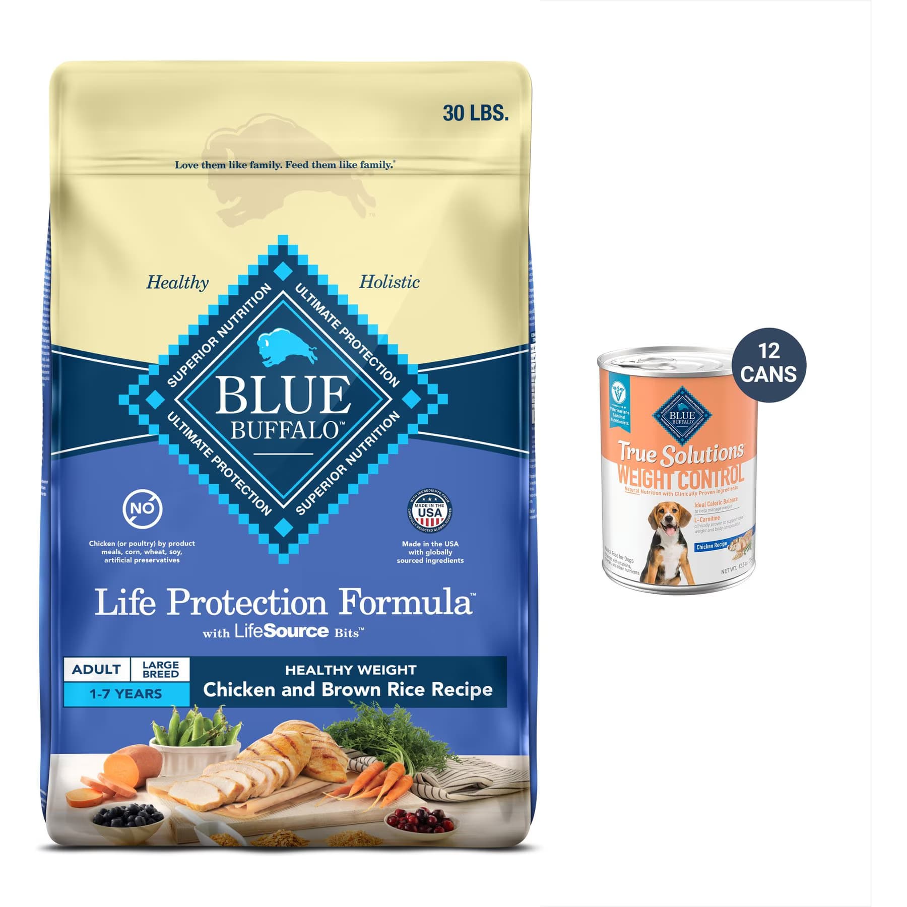 Blue Buffalo Blue Buffalo Life Protection Formula Large Breed Healthy Weight Adult Chicken & Brown Rice Recipe Dry Dog Food + True Solutions Fit & Healthy Weight Control Formula Wet Food