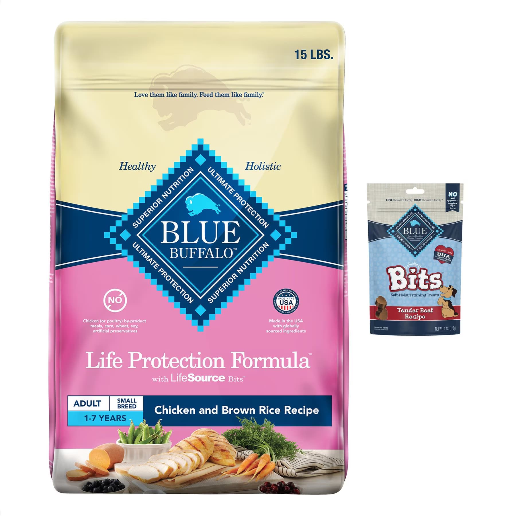 Blue Buffalo Blue Buffalo Life Protection Formula Small Breed Adult Chicken & Brown Rice Dry Food + Blue Bits Tender Beef Dog Treats