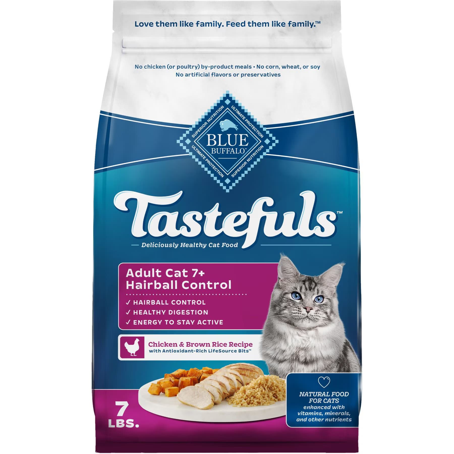 Blue Buffalo Blue Buffalo Tastefuls Hairball Control Natural Chicken & Brown Rice Recipe Adult 7+ Mature Dry Cat Food, 14-lb bundle