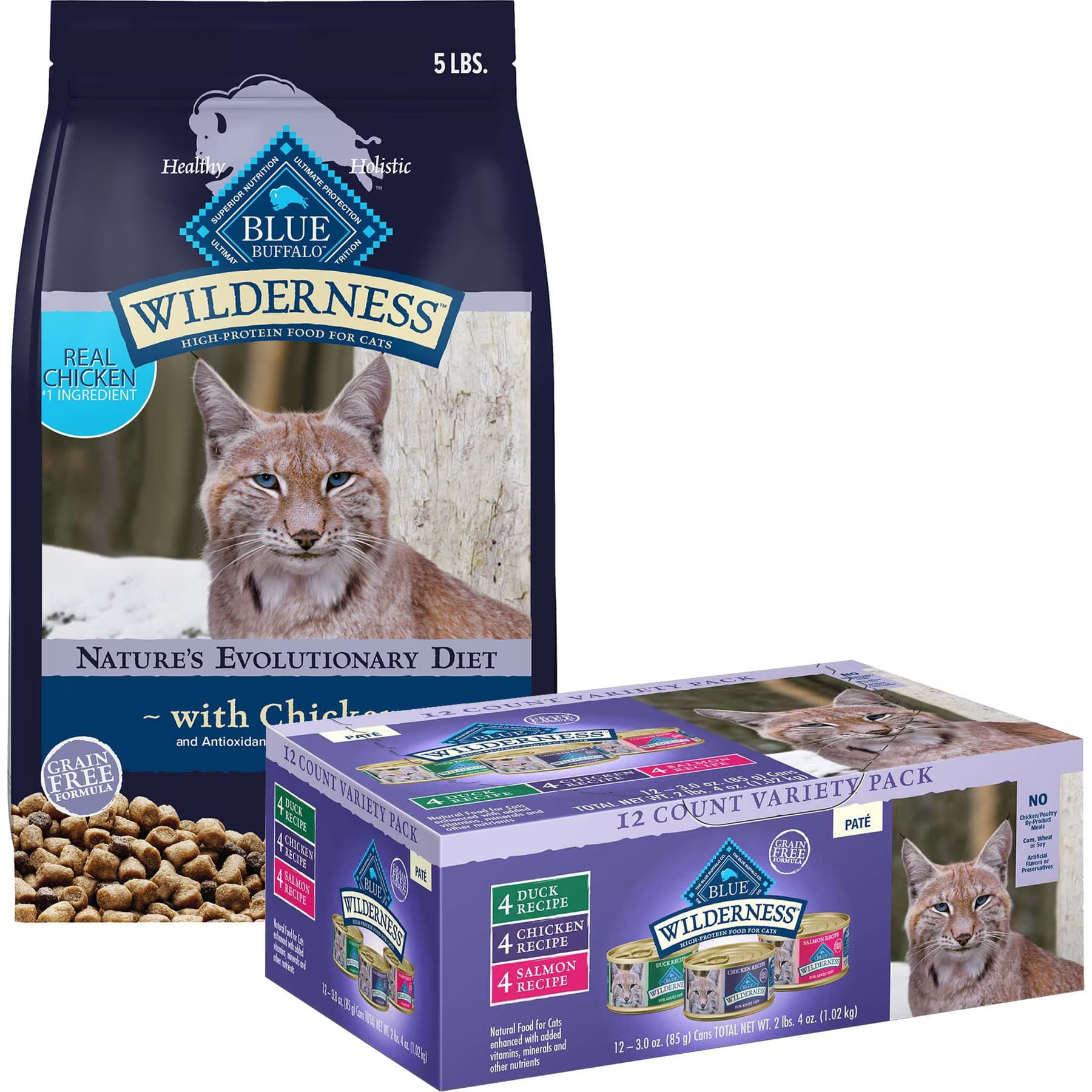 Blue Buffalo Blue Buffalo Wilderness Chicken Recipe Dry Food + Pate Variety Pack Duck, Chicken & Salmon Cat Canned Food