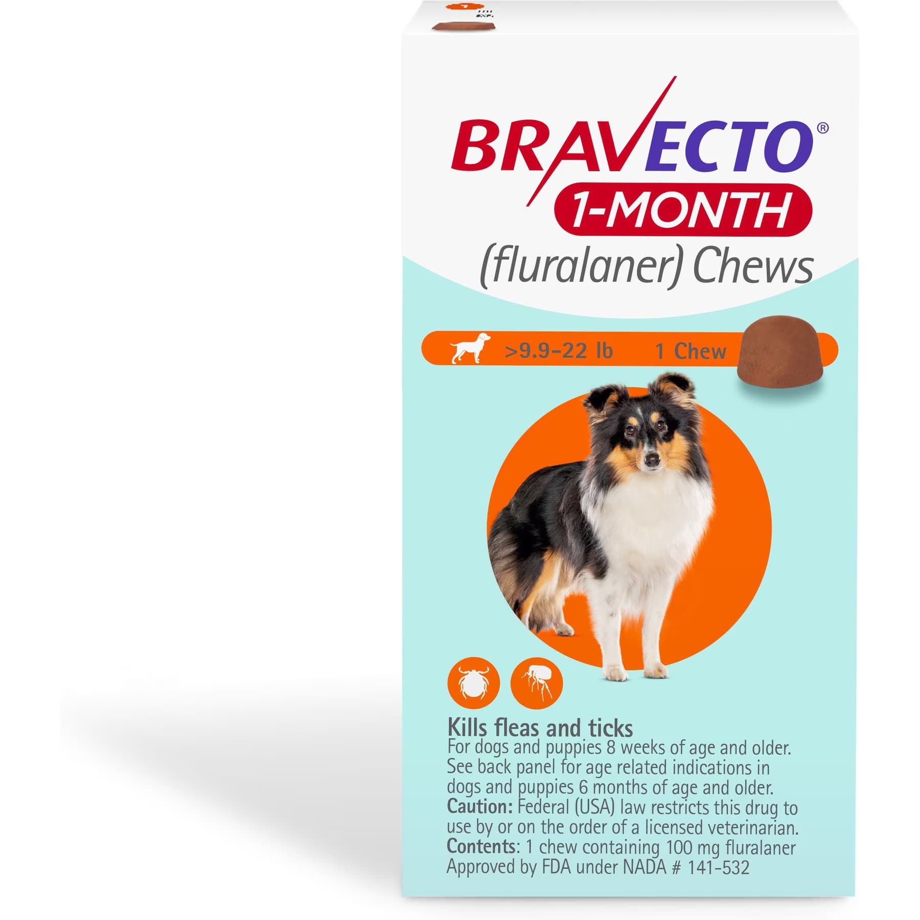 Bravecto Bravecto 1-Month Chew for Dogs, 9.9-22 lbs, (Orange Box), 1 Chew (1-mo. supply)