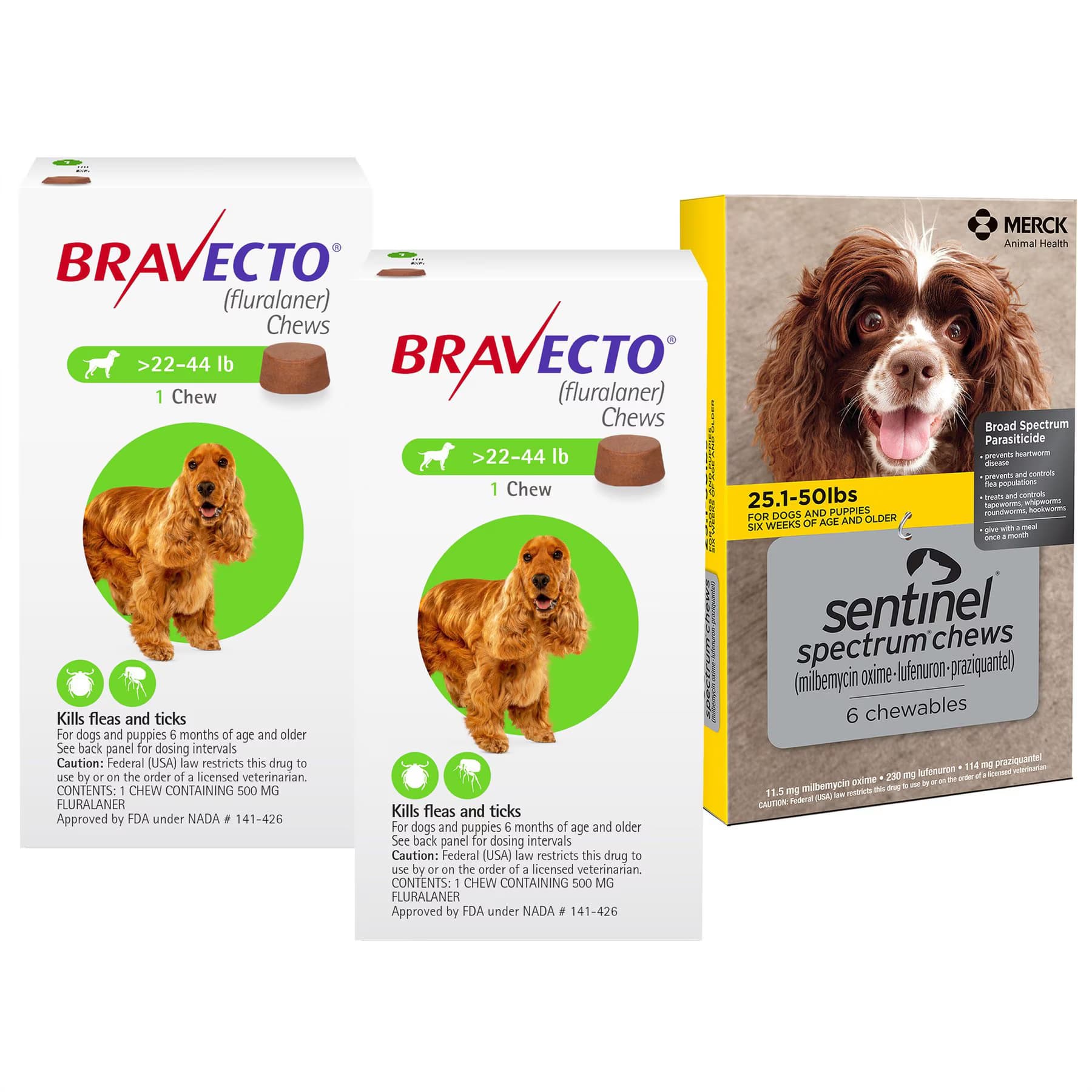 Bravecto||Sentinel Spectrum Bravecto Chew, 22-44 lbs, (Green Box), 2 Chews (6-mos. supply) + Sentinel Spectrum Chew for Dogs, 25.1-50 lbs, (Yellow Box), 6 Chews (6-mos. supply)