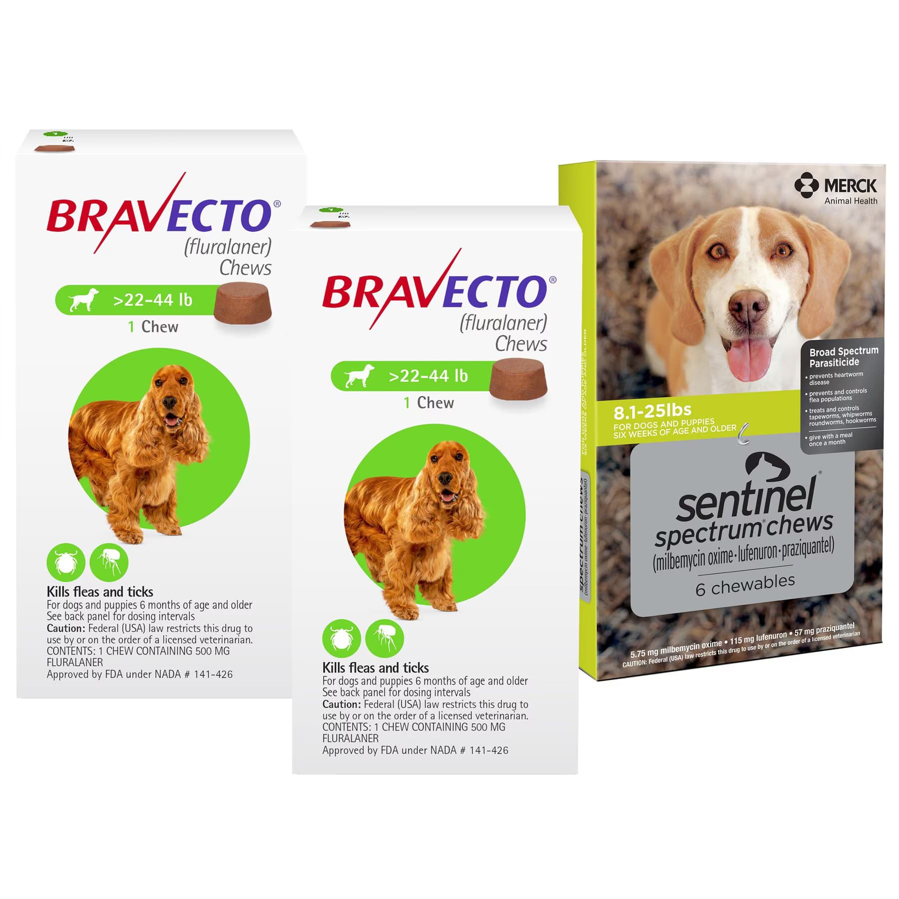 Bravecto||Sentinel Spectrum Bravecto Chew, 22-44 lbs, (Green Box), 2 Chews (6-mos. supply) + Sentinel Spectrum Chew for Dogs, 8.1-25 lbs, (Green Box), 6 Chews (6-mos. supply)