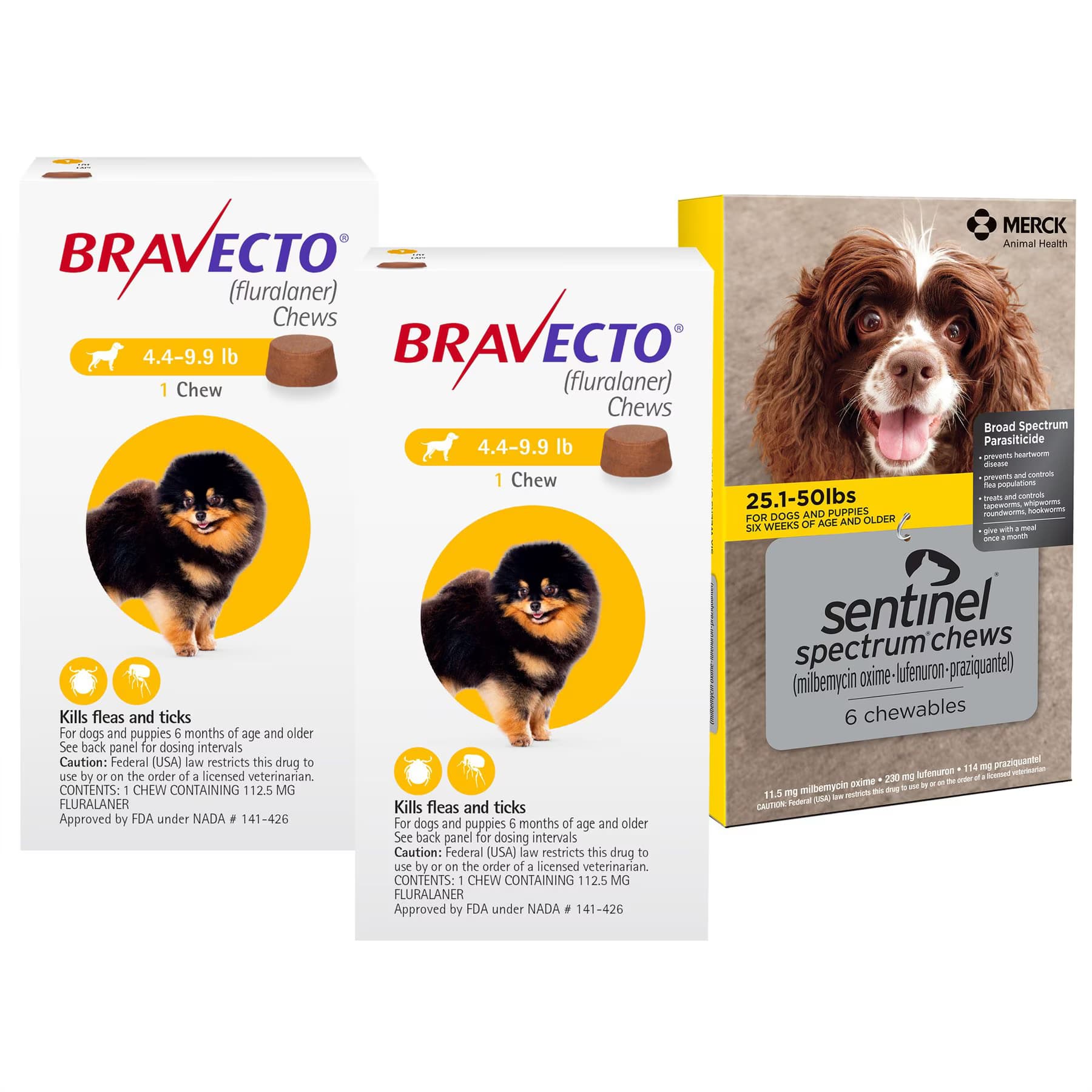 Bravecto||Sentinel Spectrum Bravecto Chew, 4.4-9.9 lbs, (Yellow Box), 2 Chews (6-mos. supply) + Sentinel Spectrum Chew for Dogs, 25.1-50 lbs, (Yellow Box), 6 Chews (6-mos. supply)