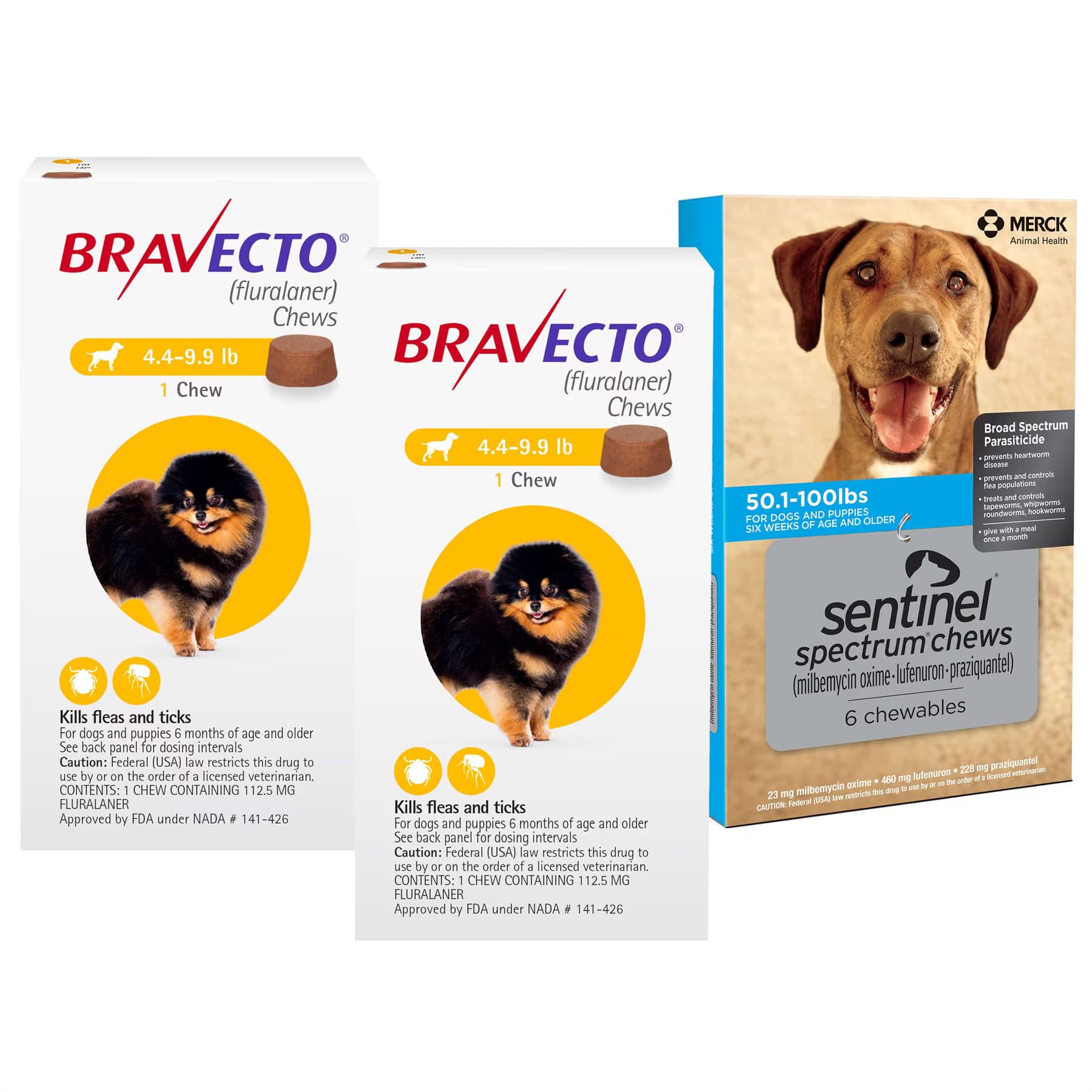 Bravecto||Sentinel Spectrum Bravecto Chew, 4.4-9.9 lbs, (Yellow Box), 2 Chews (6-mos. supply) + Sentinel Spectrum Chew for Dogs, 50.1-100 lbs, (Blue Box), 6 Chews (6-mos. supply)