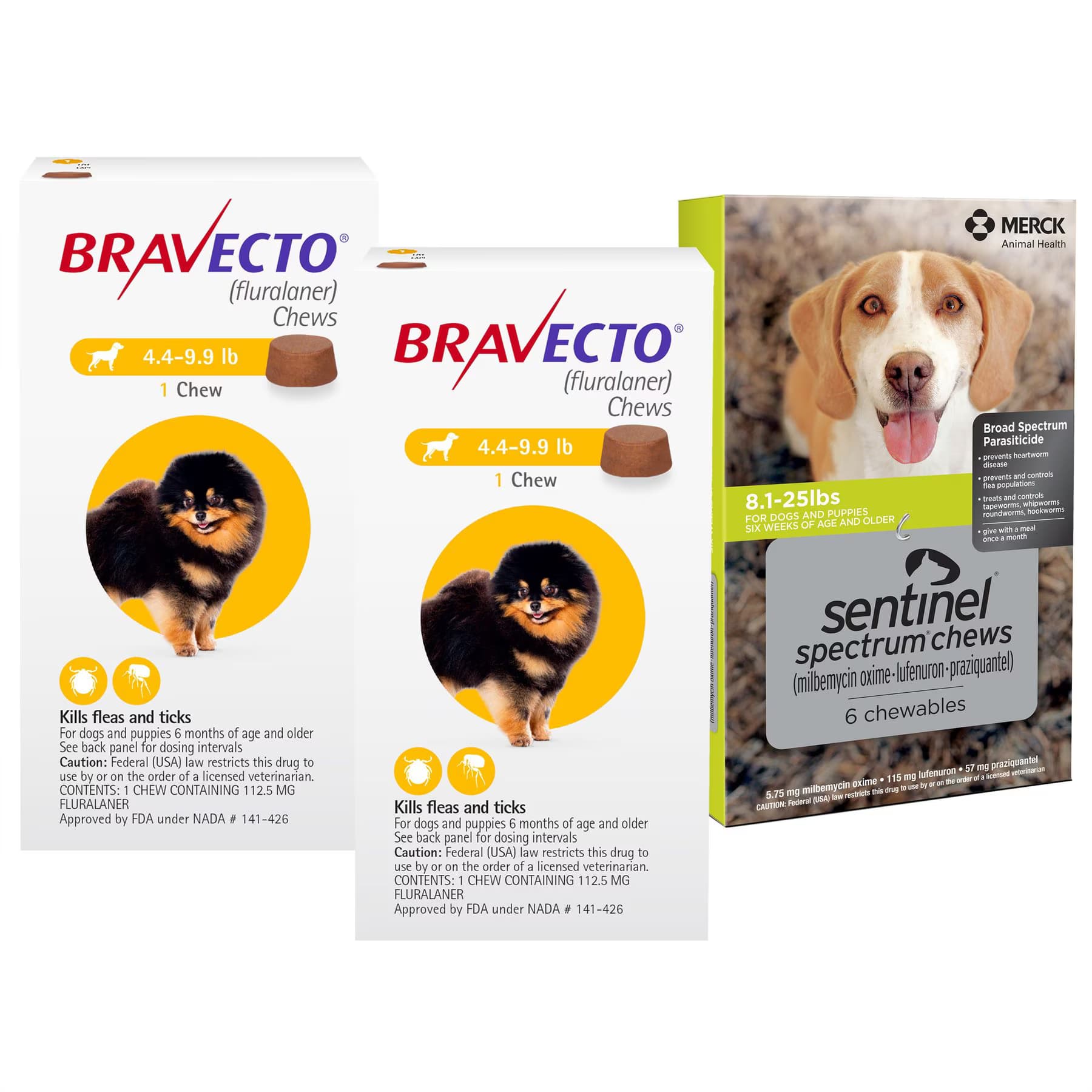 Bravecto||Sentinel Spectrum Bravecto Chew, 4.4-9.9 lbs, (Yellow Box), 2 Chews (6-mos. supply) + Sentinel Spectrum Chew for Dogs, 8.1-25 lbs, (Green Box), 6 Chews (6-mos. supply)
