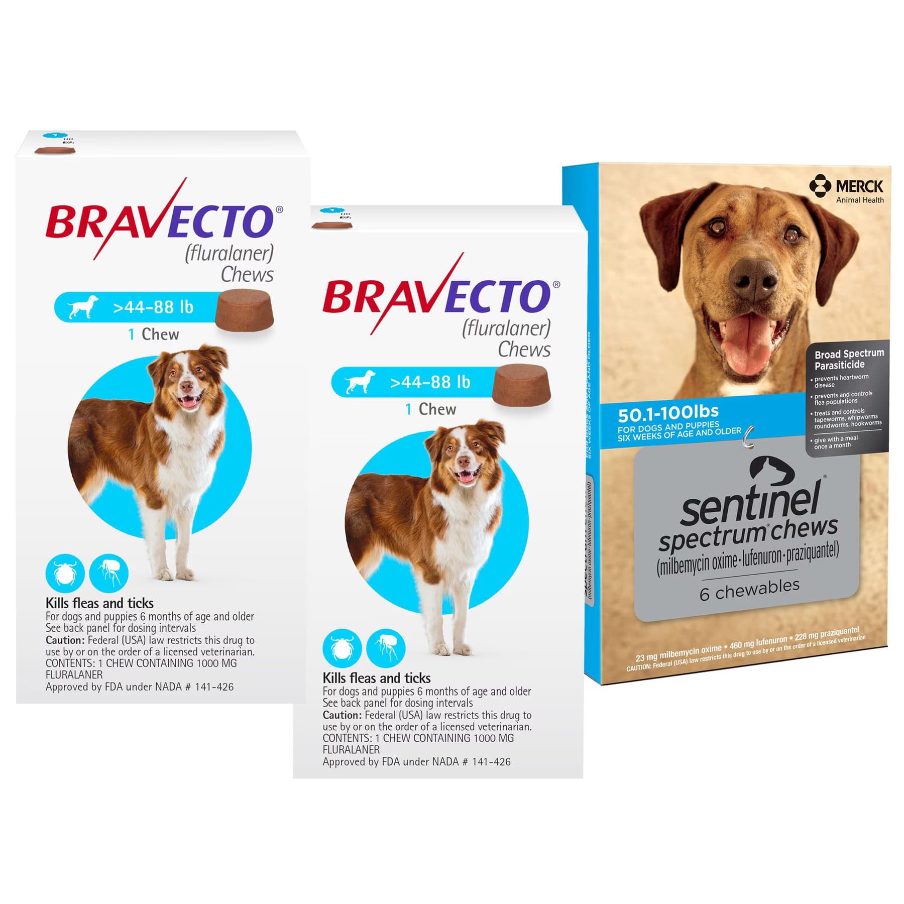 Bravecto||Sentinel Spectrum Bravecto Chew, 44-88 lbs, (Blue Box), 2 Chews (6-mos. supply) + Sentinel Spectrum Chew for Dogs, 50.1-100 lbs, (Blue Box), 6 Chews (6-mos. supply)