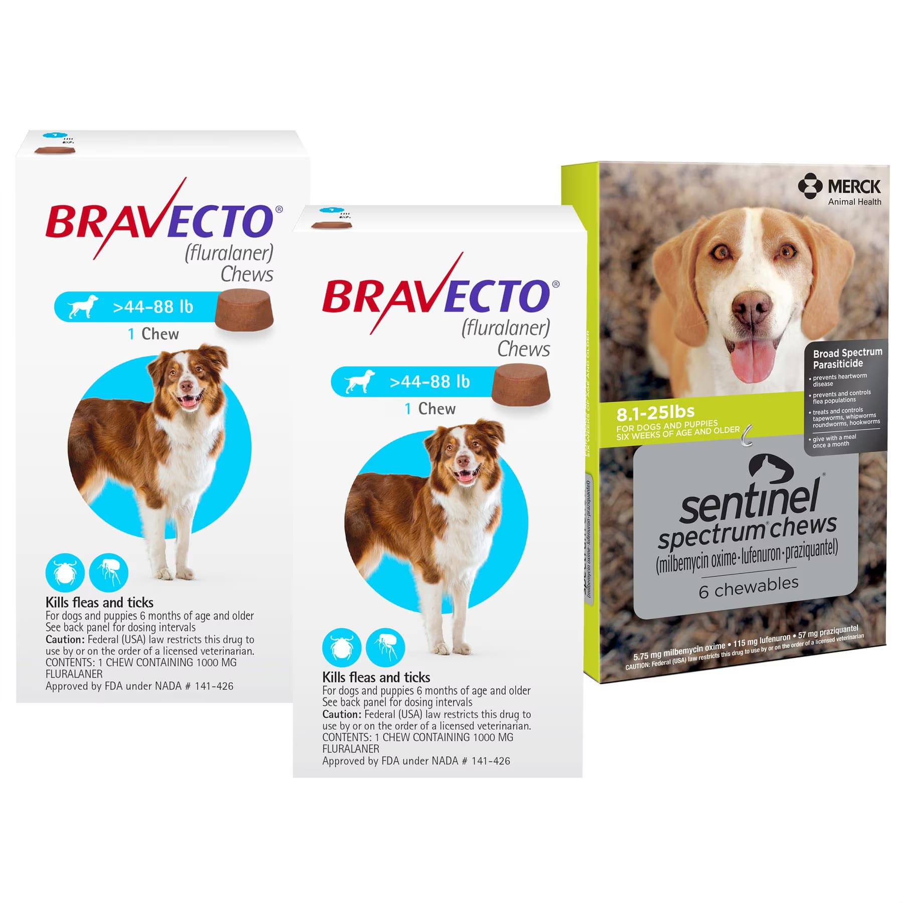Bravecto||Sentinel Spectrum Bravecto Chew, 44-88 lbs, (Blue Box), 2 Chews (6-mos. supply) + Sentinel Spectrum Chew for Dogs, 8.1-25 lbs, (Green Box), 6 Chews (6-mos. supply)