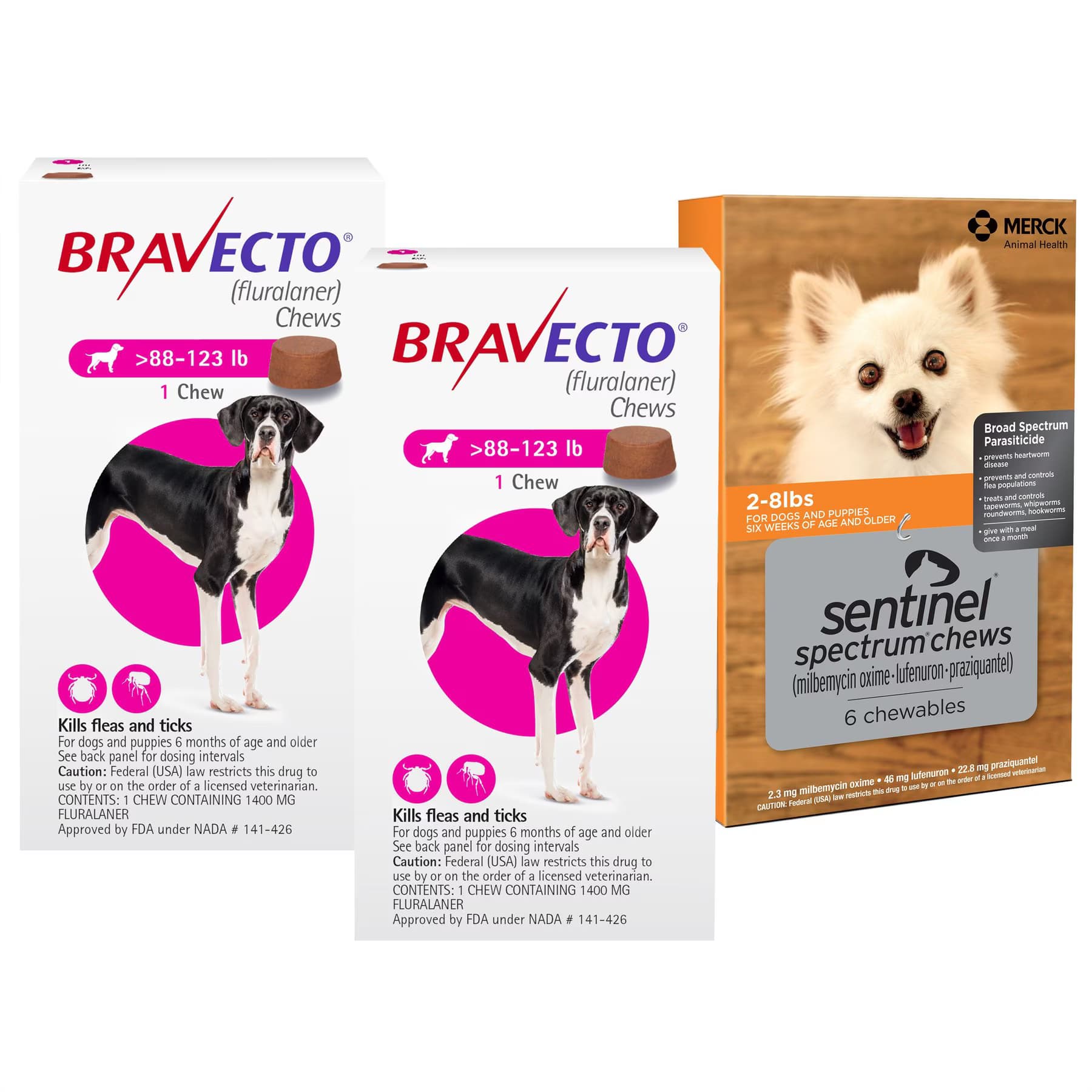Bravecto||Sentinel Spectrum Bravecto Chew, 88-123 lbs, (Pink Box), 2 Chews (6-mos. supply) + Sentinel Spectrum Chew for Dogs, 2-8 lbs, (Orange Box), 6 Chews (6-mos. supply)