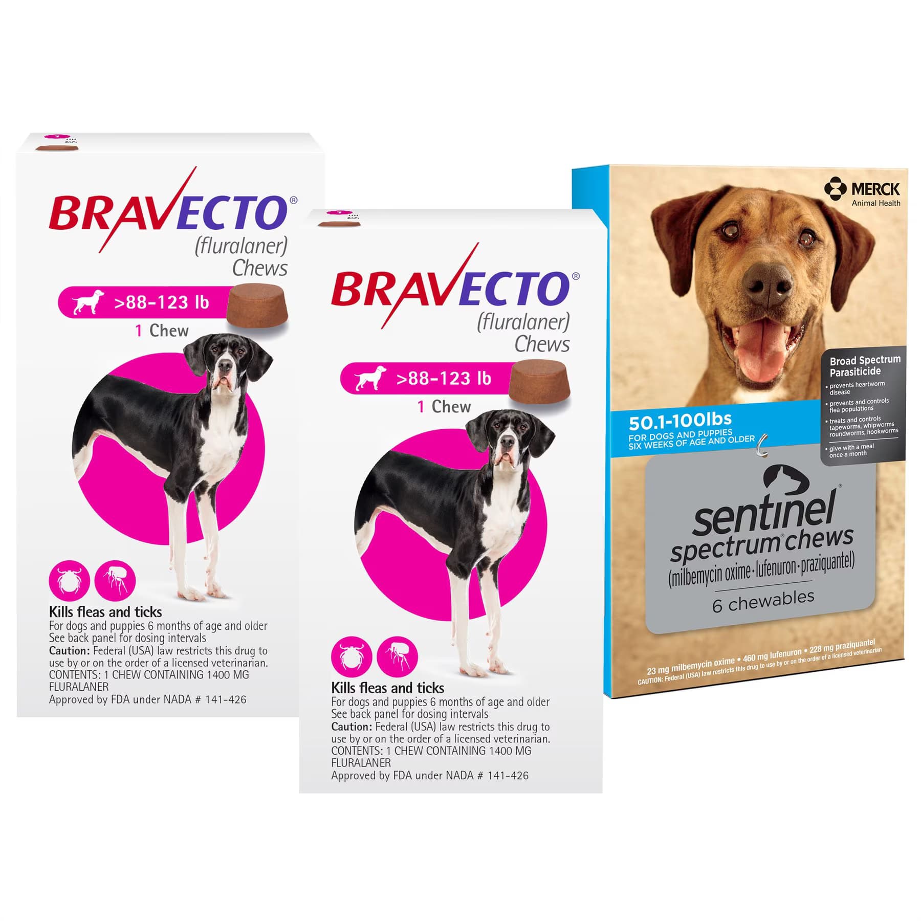 Bravecto||Sentinel Spectrum Bravecto Chew, 88-123 lbs, (Pink Box), 2 Chews (6-mos. supply) + Sentinel Spectrum Chew for Dogs, 50.1-100 lbs, (Blue Box), 6 Chews (6-mos. supply)