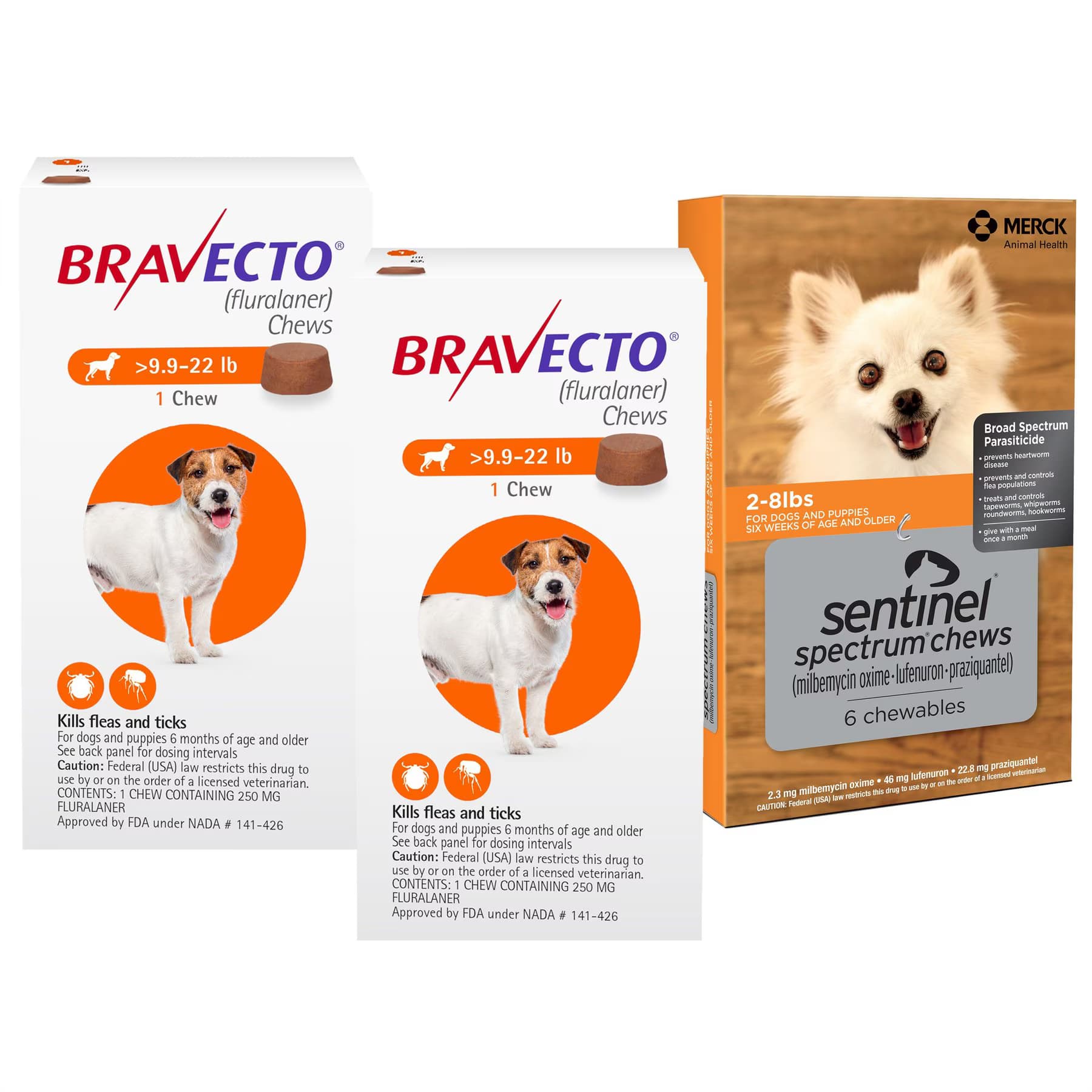 Bravecto||Sentinel Spectrum Bravecto Chew, 9.9-22 lbs, (Orange Box), 2 Chews (6-mos. supply) + Sentinel Spectrum Chew for Dogs, 2-8 lbs, (Orange Box), 6 Chews (6-mos. supply)