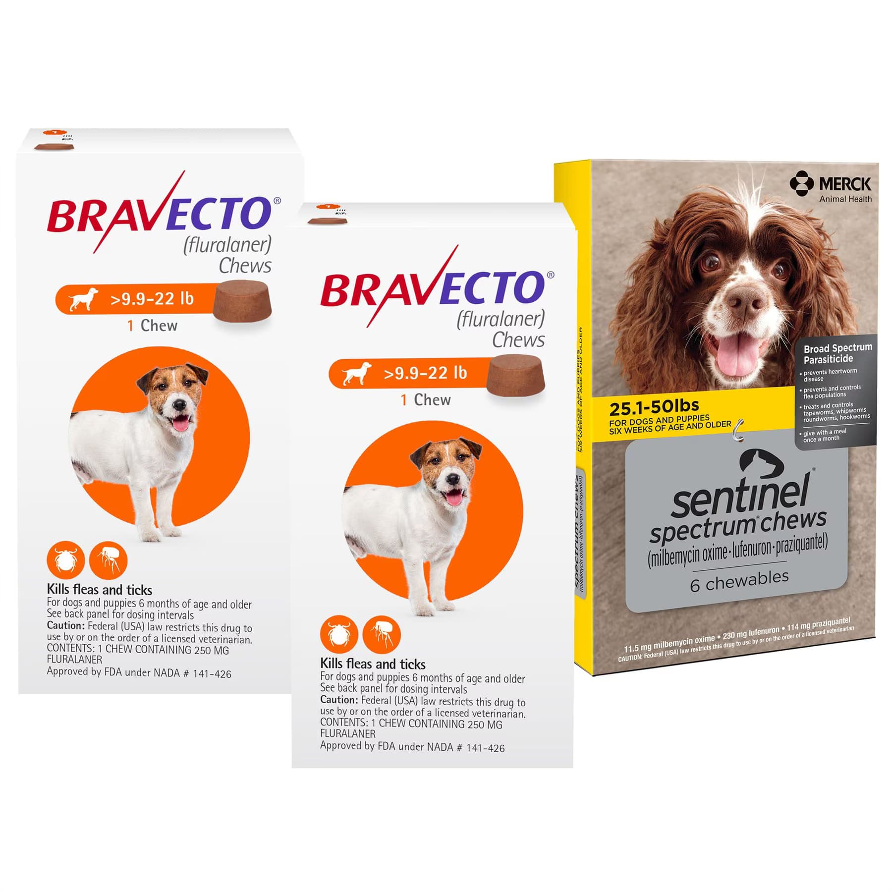 Bravecto||Sentinel Spectrum Bravecto Chew, 9.9-22 lbs, (Orange Box), 2 Chews (6-mos. supply) + Sentinel Spectrum Chew for Dogs, 25.1-50 lbs, (Yellow Box), 6 Chews (6-mos. supply)