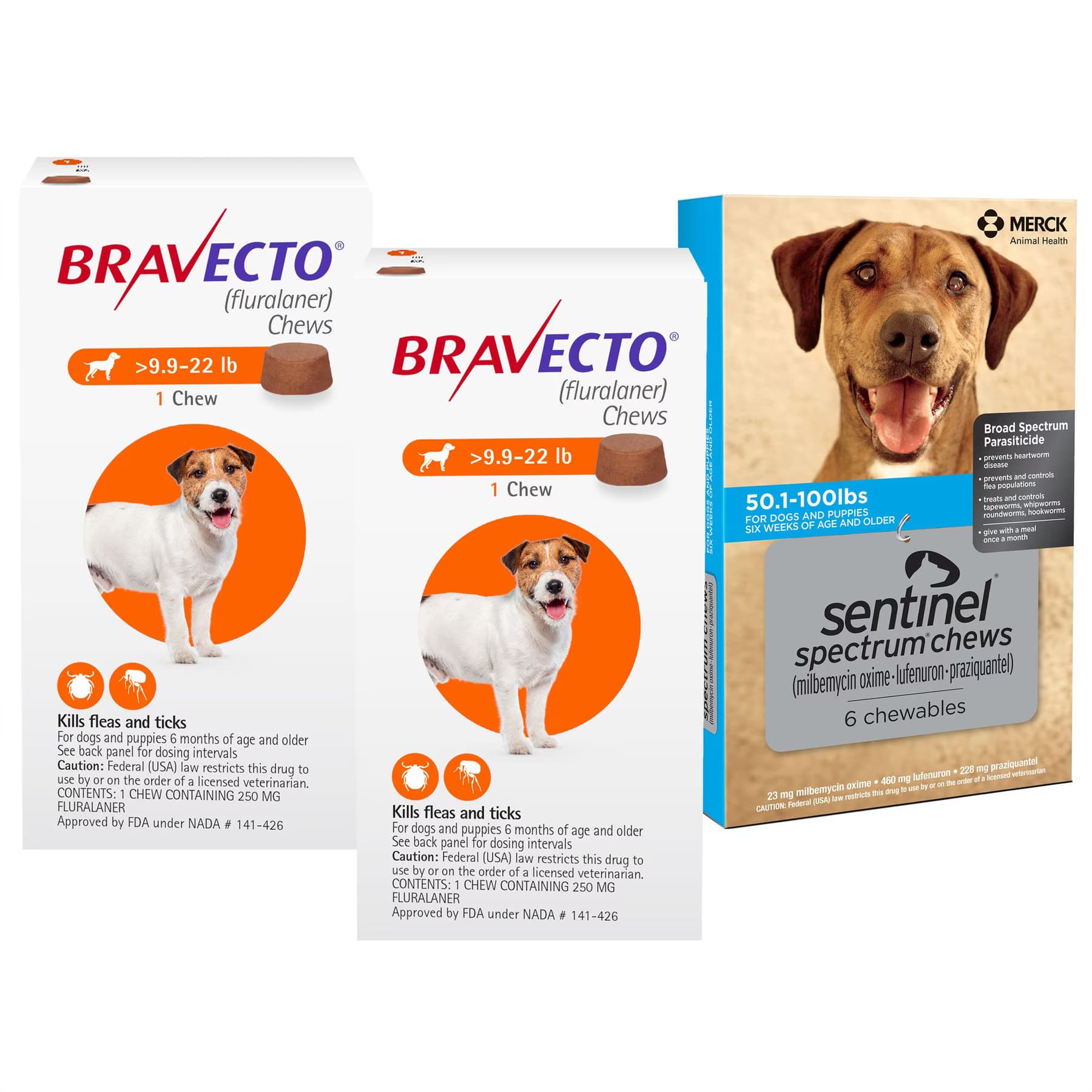 Bravecto||Sentinel Spectrum Bravecto Chew, 9.9-22 lbs, (Orange Box), 2 Chews (6-mos. supply) + Sentinel Spectrum Chew for Dogs, 50.1-100 lbs, (Blue Box), 6 Chews (6-mos. supply)