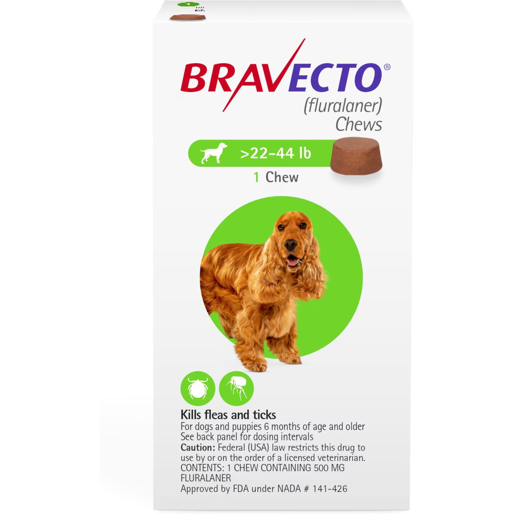 Bravecto Bravecto Chew for Dogs, 22-44 lbs, (Green Box), 2 Chews (24-wks. supply)