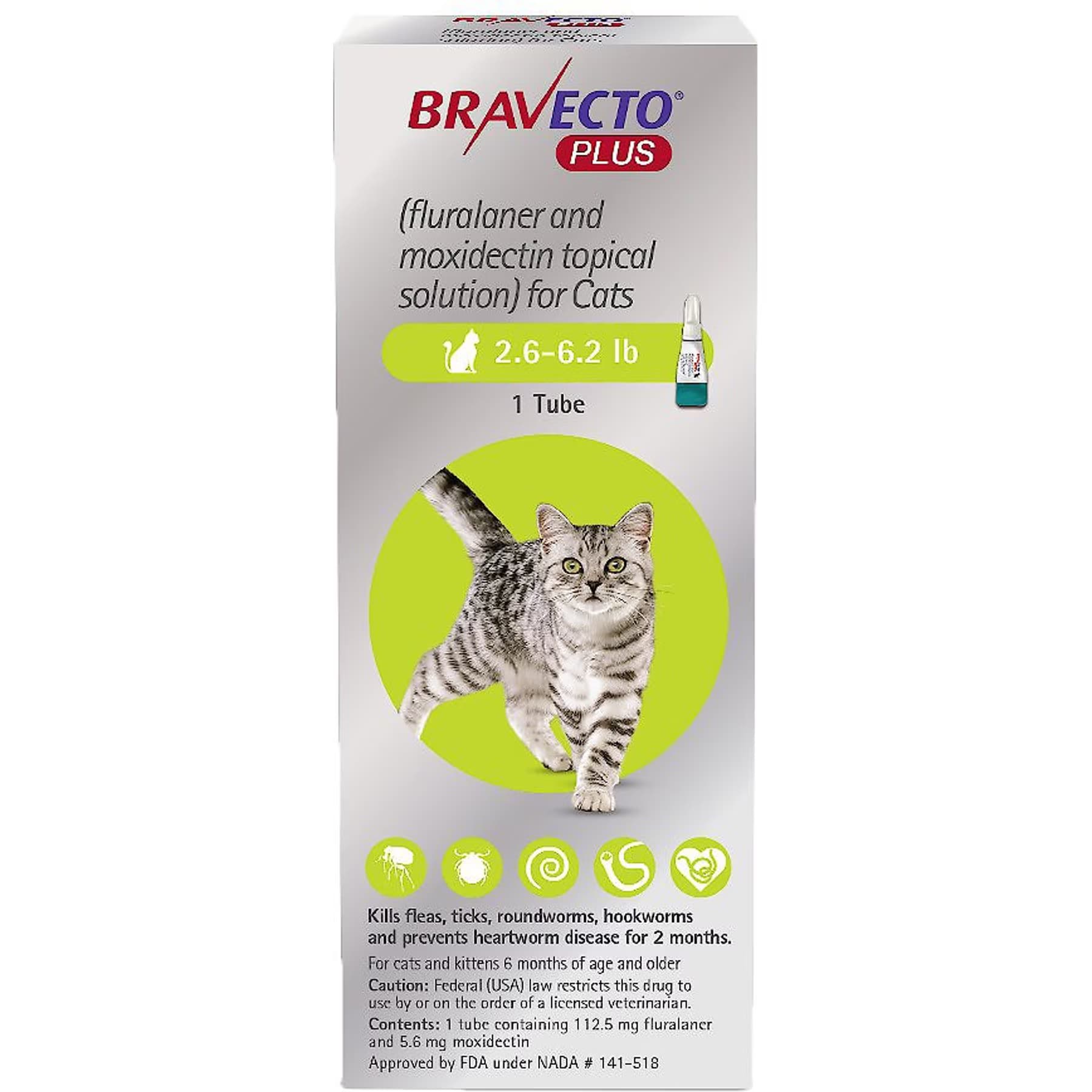 Bravecto Bravecto Plus Topical Solution for Cats, 2.6-6.2 lbs, (Green Box), 2 Doses (4-mos. supply)