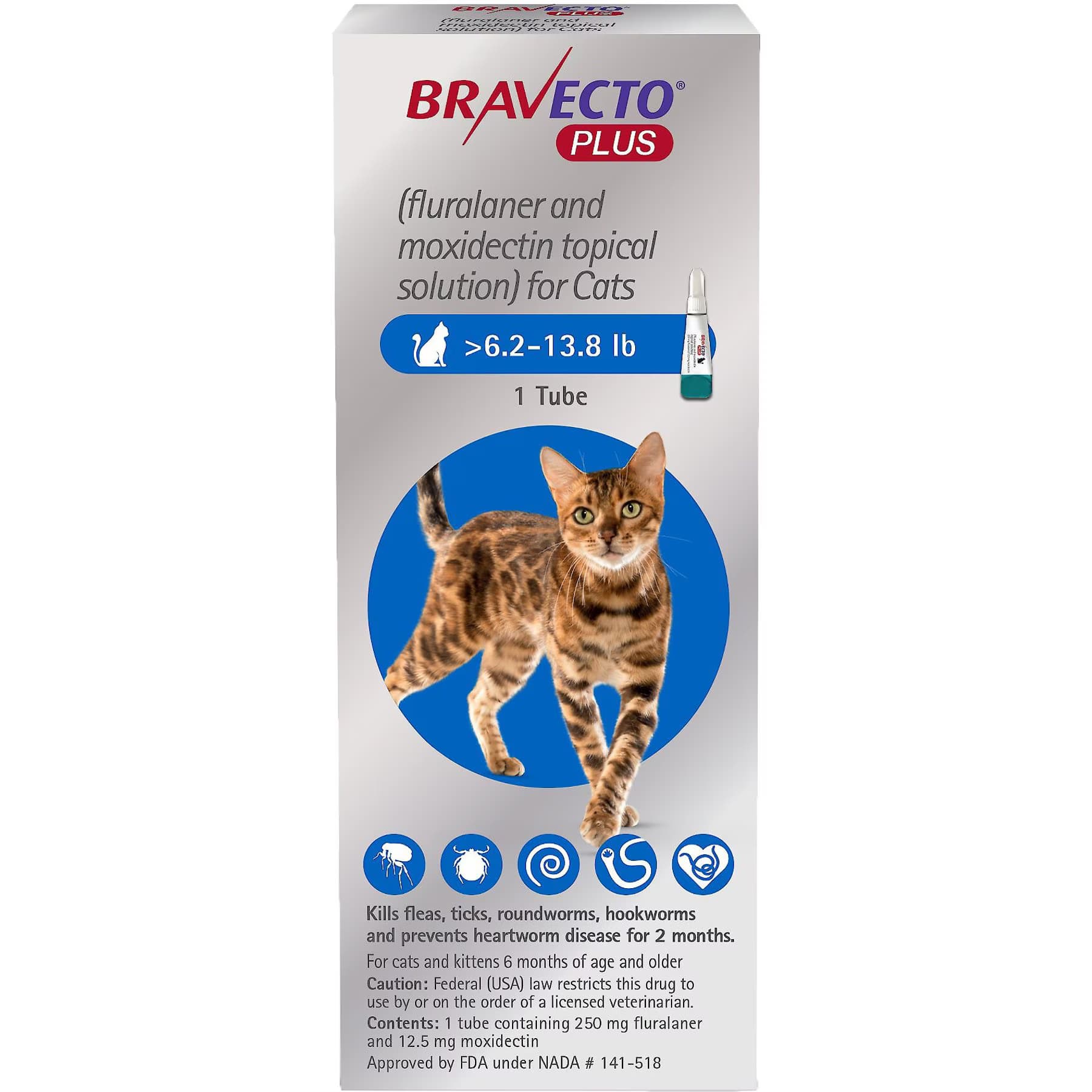 Bravecto Bravecto Plus Topical Solution for Cats, >6.2-13.8 lbs, (Blue Box), 1 Dose (2-mos. supply)