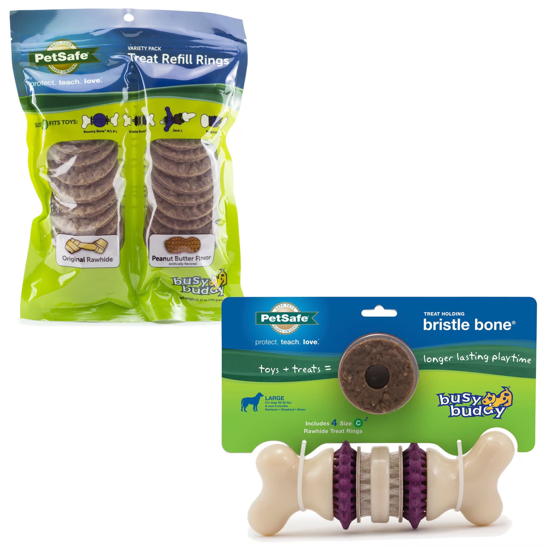 PetSafe Busy Buddy Bristle Bone Treat Dispenser Dog Chew Toy + Peanut Butter & Rawhide Variety Pack Refill Rings Dog Treat