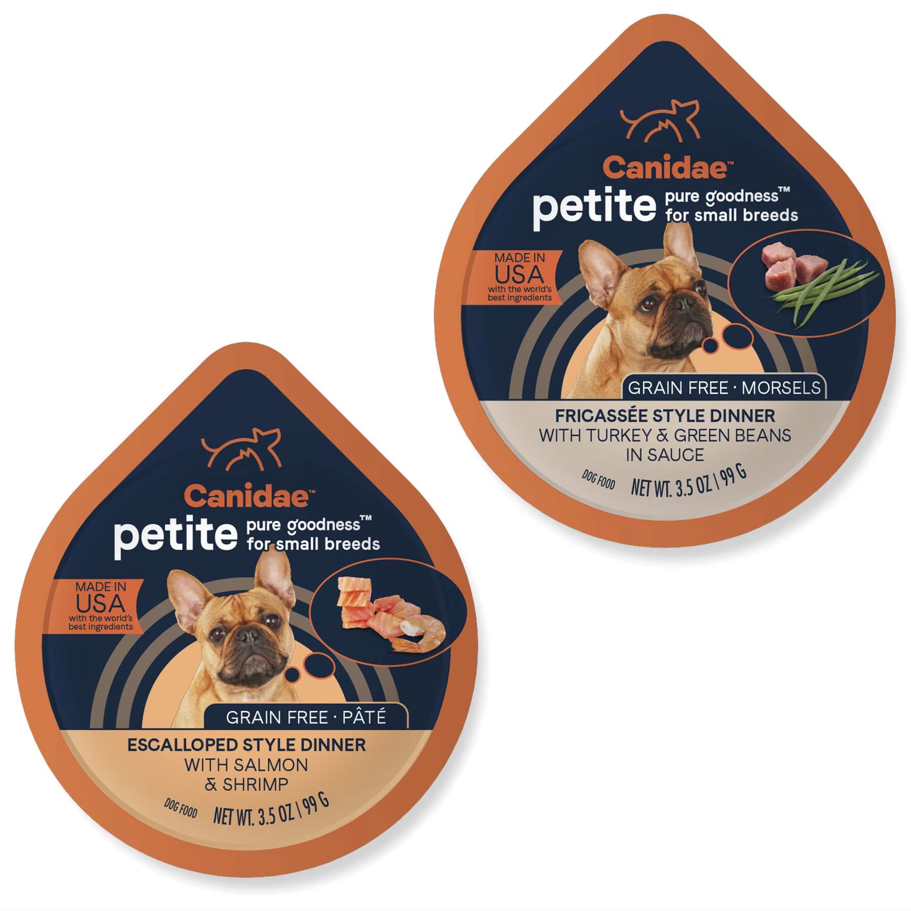 CANIDAE CANIDAE PURE Petite Small Breed Escalloped Style Dinner with Salmon & Shrimp + Small Breed Fricassee Style Dinner with Turkey & Green Beans Wet Dog Food Trays