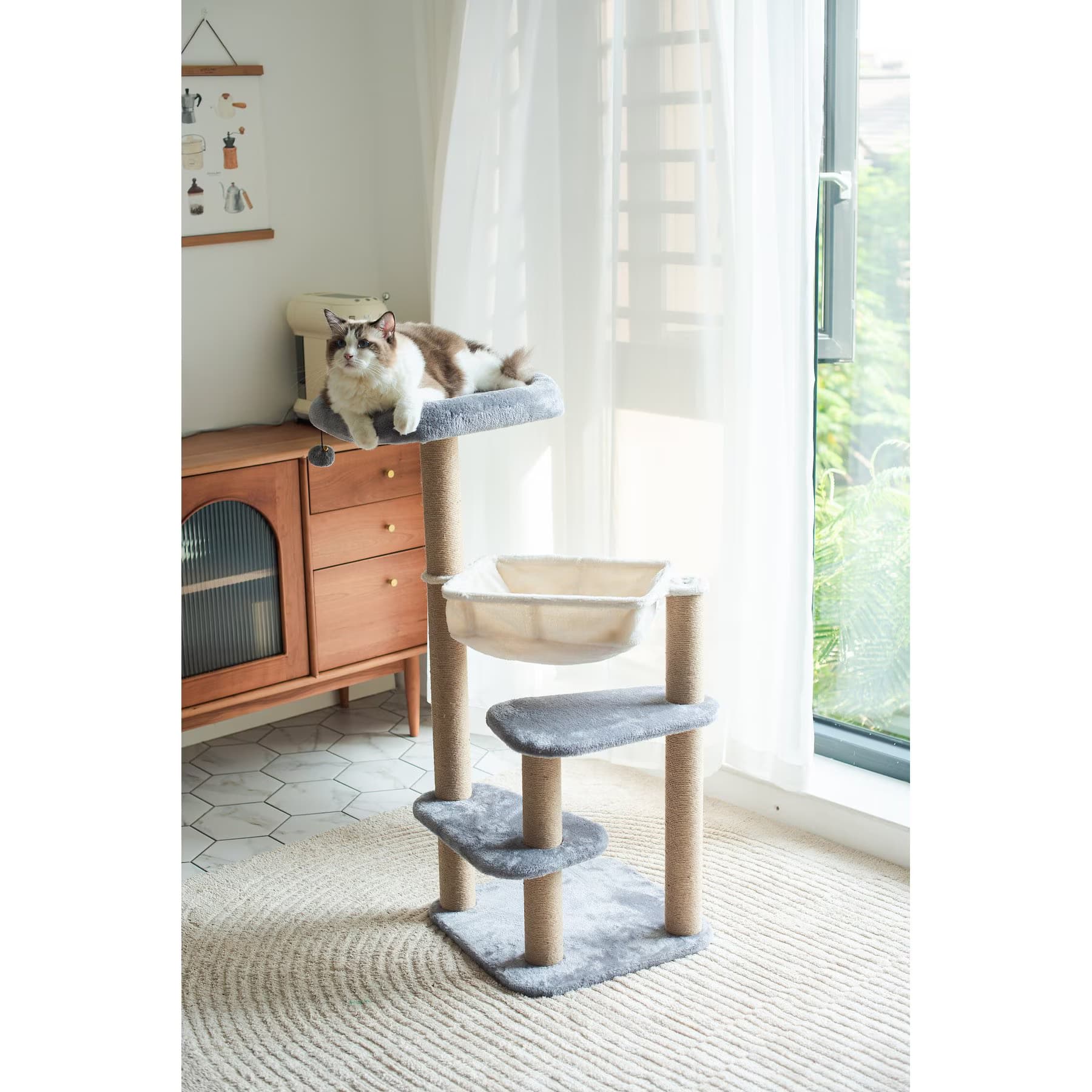 Catry Catry 42.1-in Oak 7-Level Cat Tree with Jute Scratching Posts & Cozy Hammock