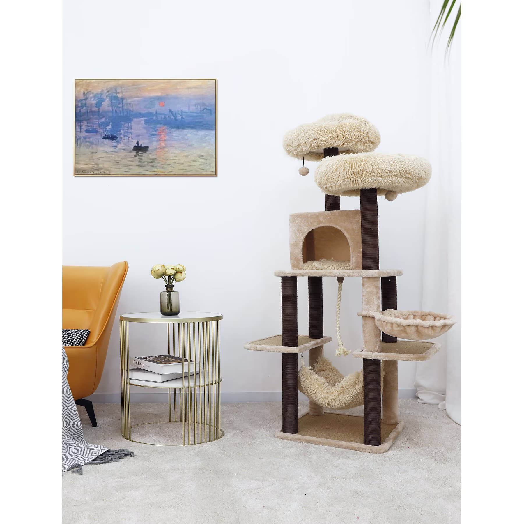 Catry Catry interactive 7-Level Cat Tree with Condo, Scratching Posts, & Toys, 63-in H, Beige