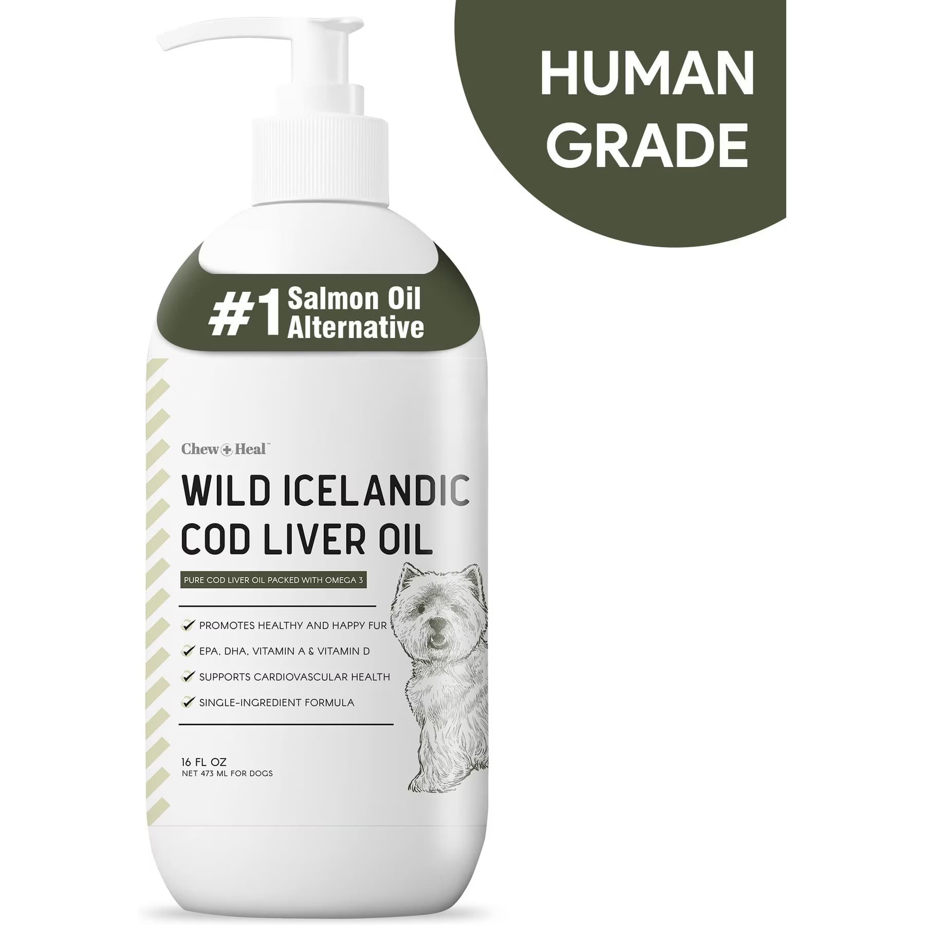 Chew + Heal Chew + Heal Wild-Caught Cod Liver Oil Salmon Oil Alternative Skin & Coat Liquid Supplement for Dogs, 16-fl oz bottle