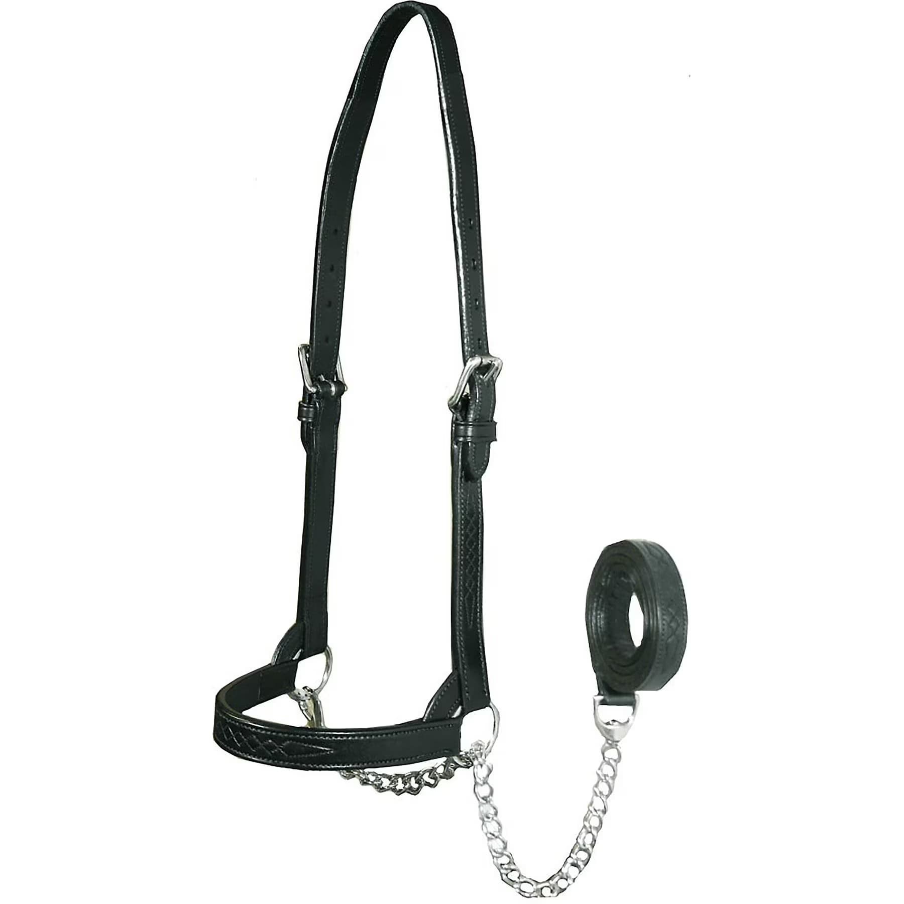 Derby Originals Premium Flat Fancy Stitch Leather Cattle Show Halter & Chain Lead, Black, Medium — view 3