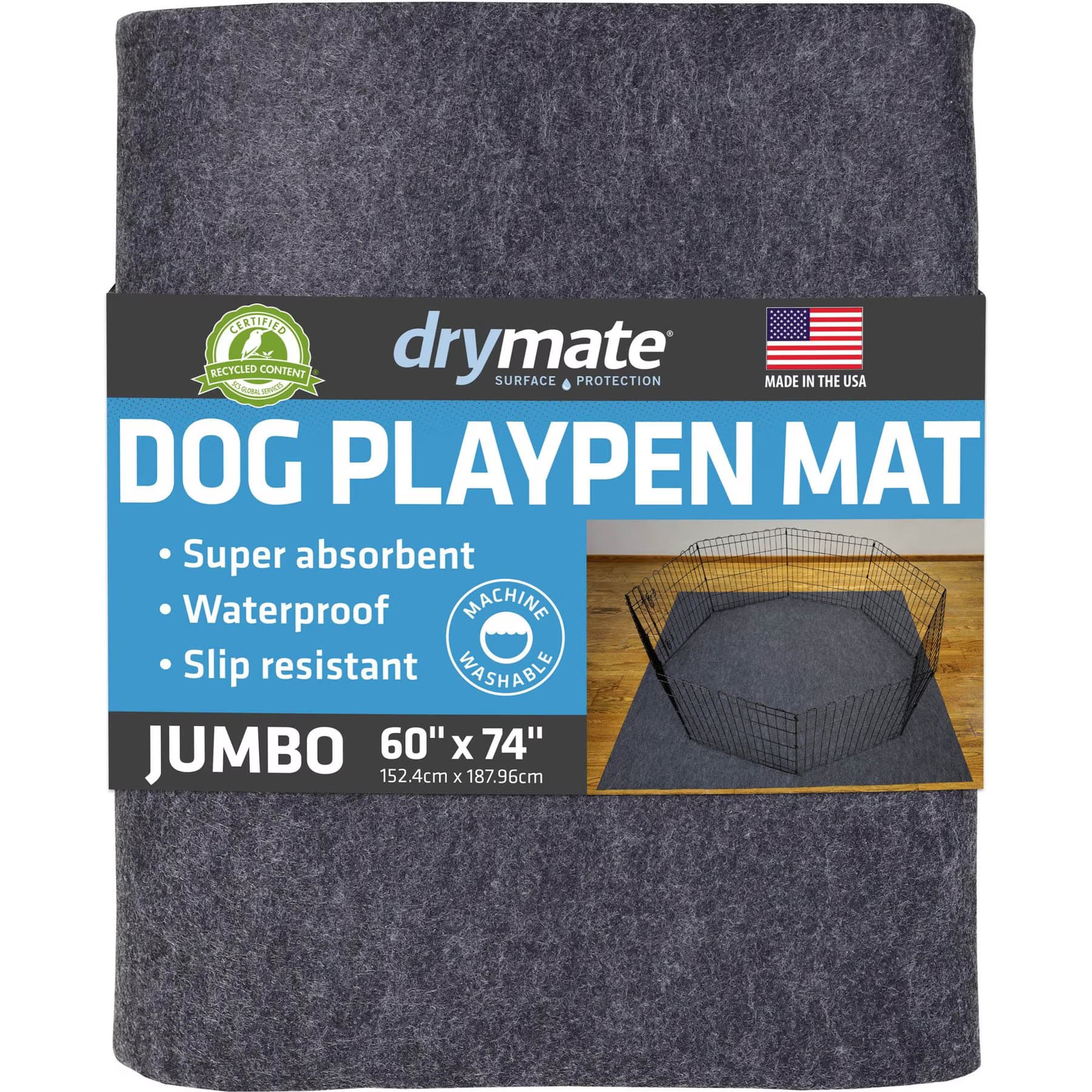 Drymate Drymate Dog Playpen Mat, Washable Puppy Training Pee Pad, Charcoal, 60-in x 74-in