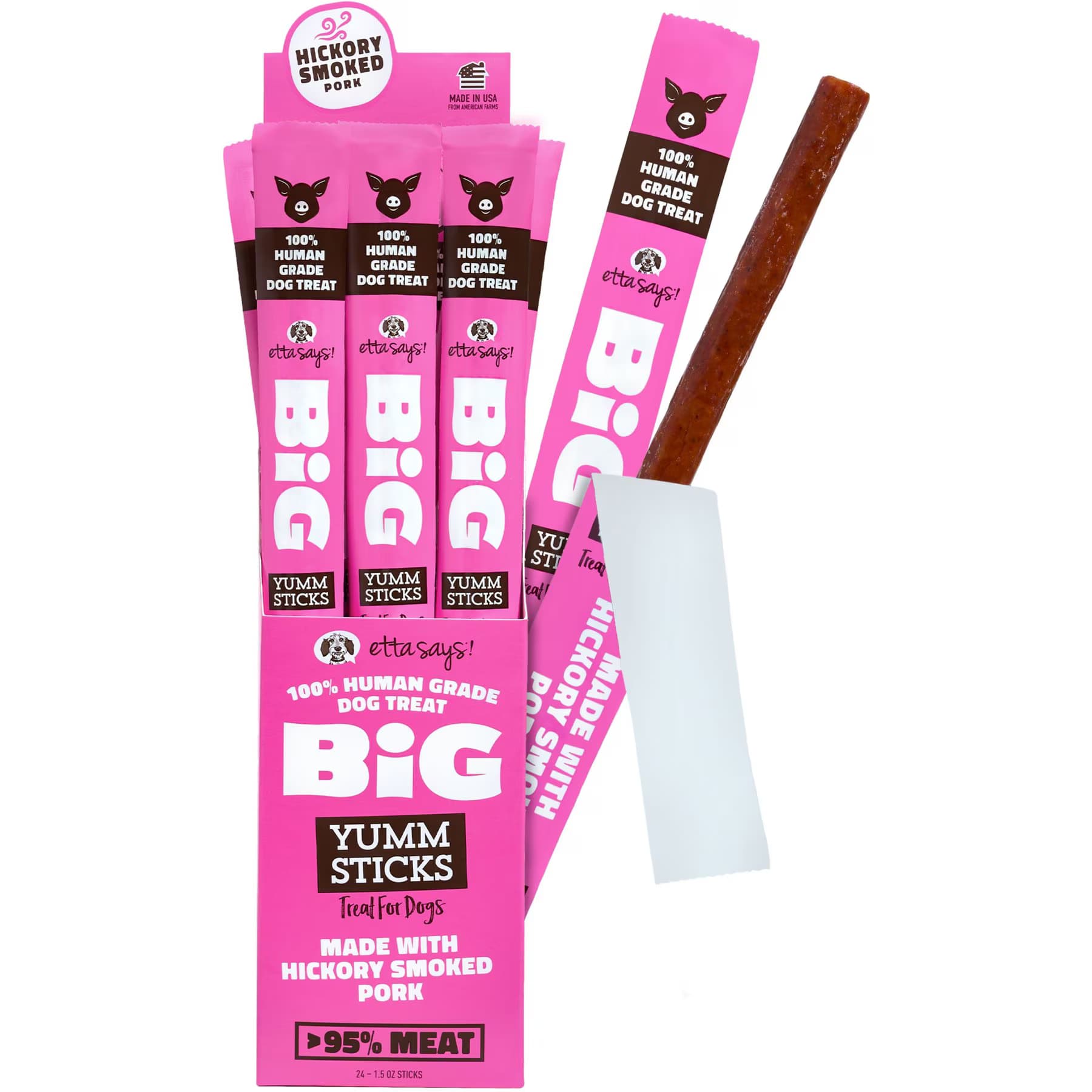 Etta Says! Etta Says! BIG Yumm Sticks Adult Hickory Smoked Pork Human-Grade Jerky Dog Treats, 1.5-oz stick
