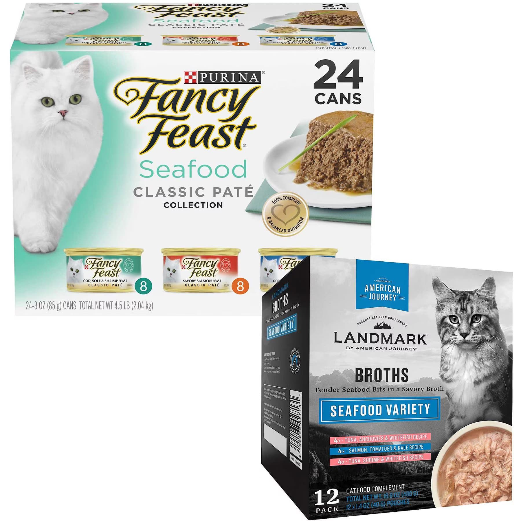 American Journey||Fancy Feast Fancy Feast Classic Seafood Feast Variety Pack Canned Food + American Journey Landmark Broths Seafood Variety Pack Wet Cat Food Complement Pouches