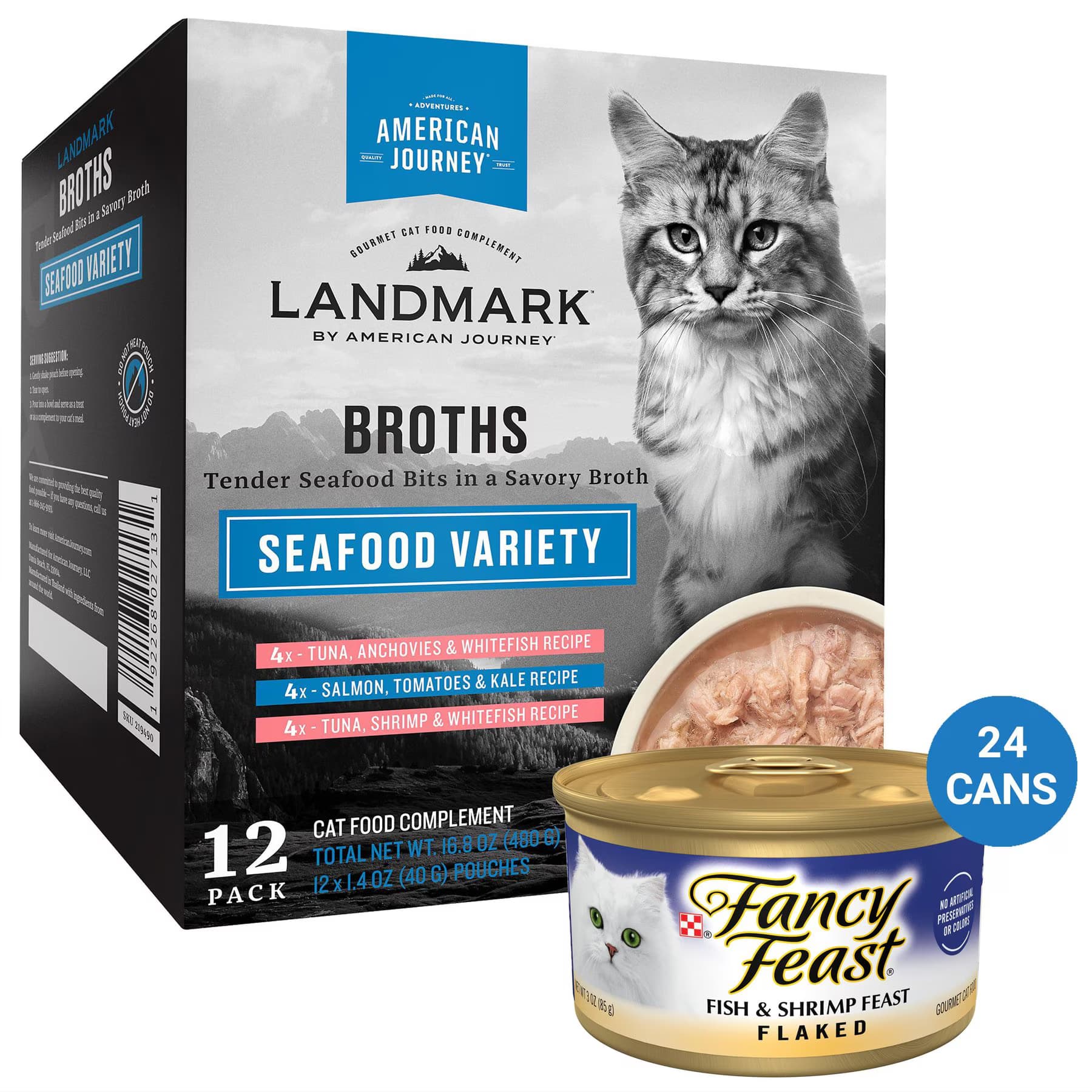 American Journey||Fancy Feast Fancy Feast Flaked Fish & Shrimp Feast Canned Food + American Journey Landmark Broths Seafood Variety Pack Wet Cat Food Complement Pouches