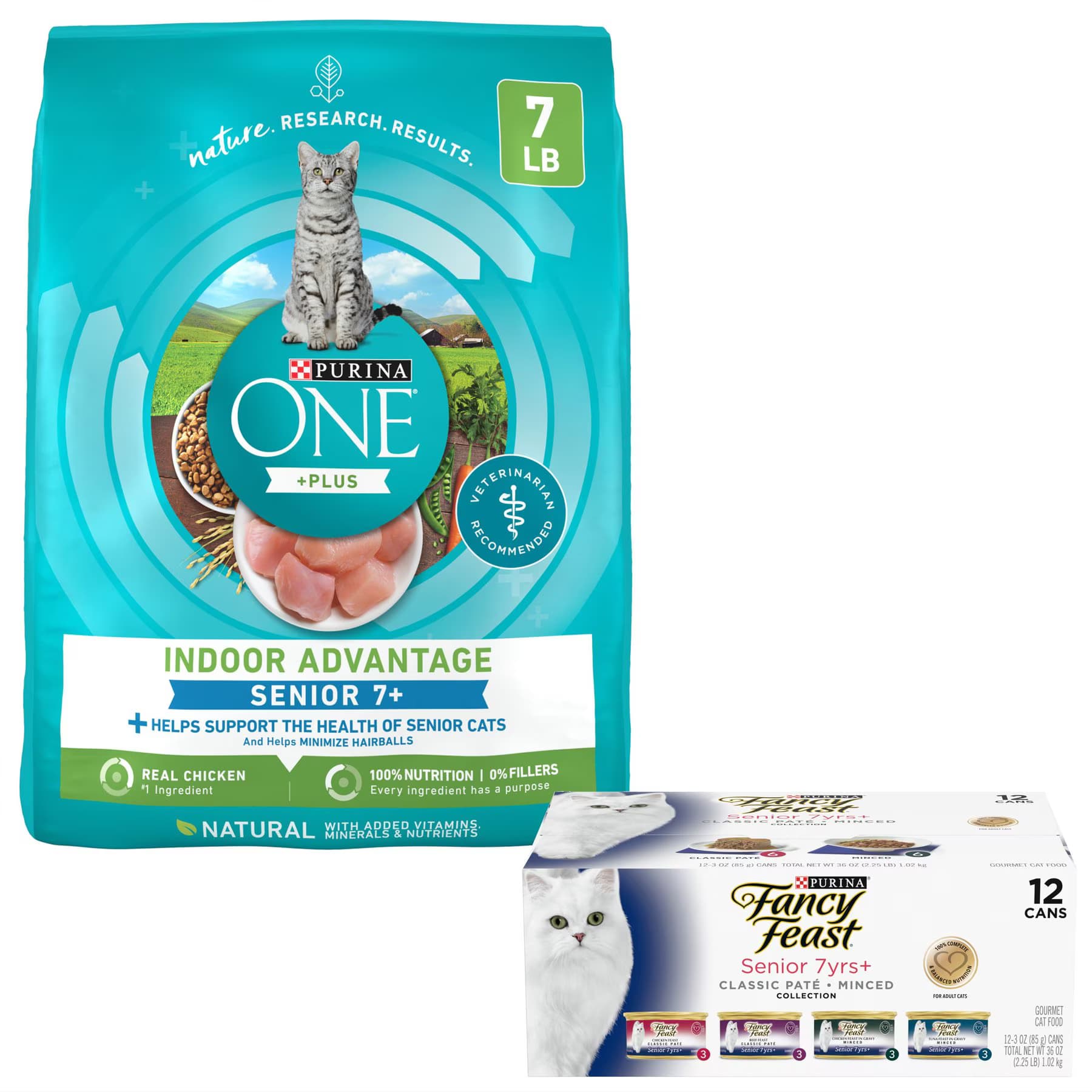 Fancy Feast||Purina ONE Fancy Feast Senior 7+ Chicken, Beef & Tuna Feasts Variety Pack Canned Food + Purina ONE Indoor Advantage Senior 7+ High Protein Dry Cat Food