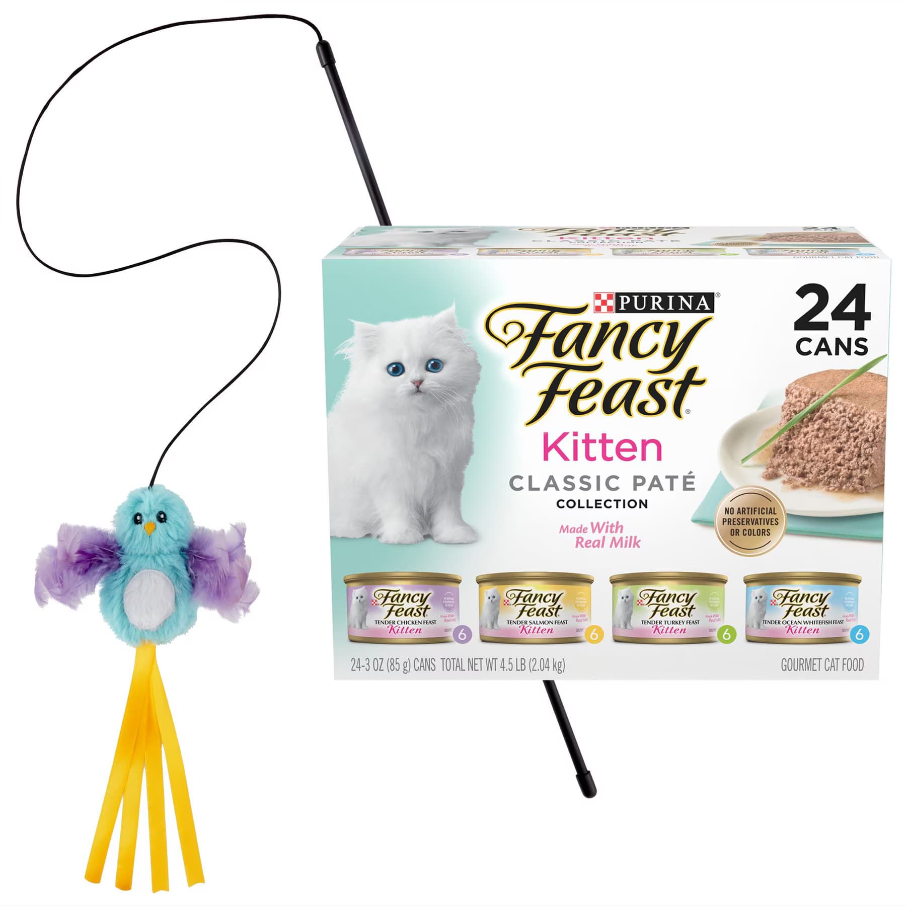 Frisco||Fancy Feast Fancy Feast Tender Feast Canned Food + Frisco Bird Teaser with Feathers Cat Toy, Blue