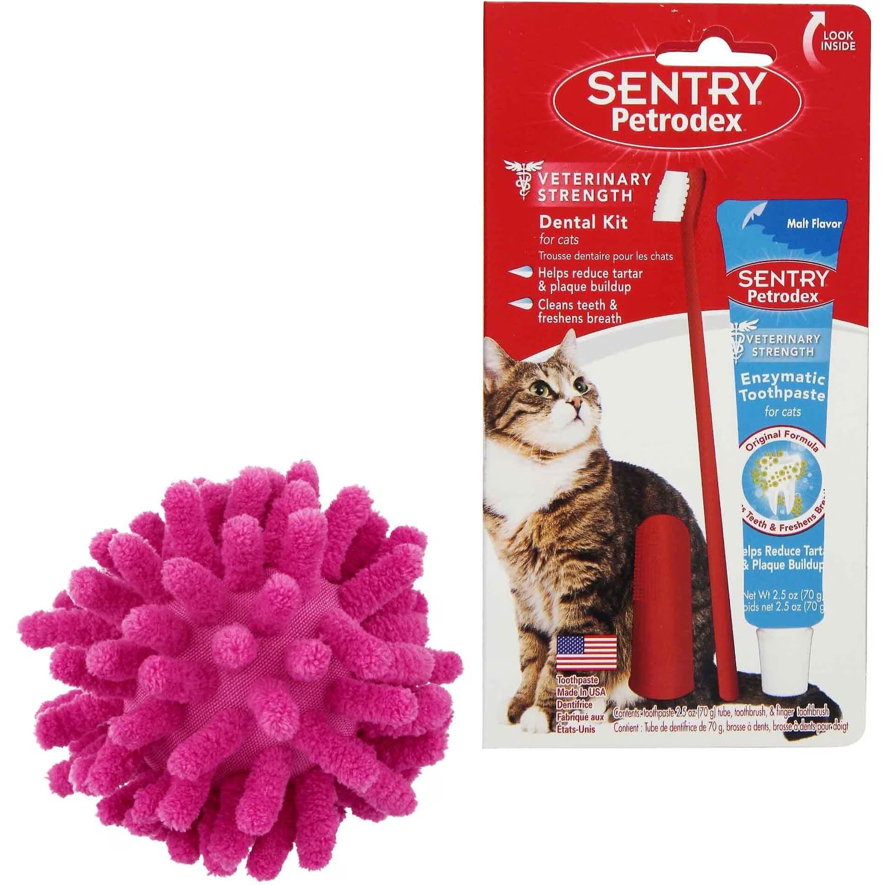 Frisco||Sentry Frisco Moppy Ball Cat Toy, Pink & Sentry Petrodex Veterinary Strength Malt Toothpaste Dental Care Kit for Cats
