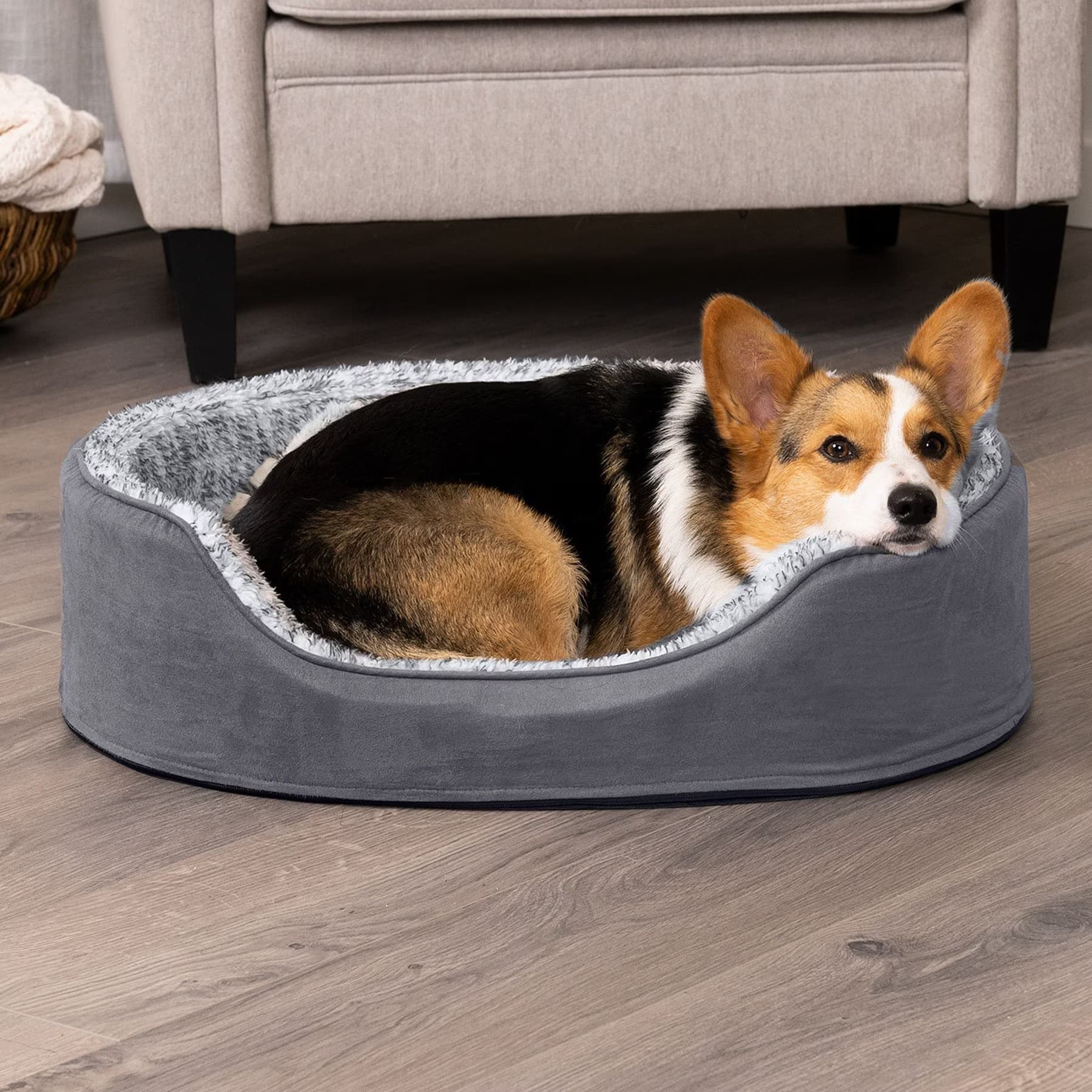 FurHaven Two-Tone Faux Fur & Suede Oval Dog & Cat Bed, Gray, X-Large — view 4